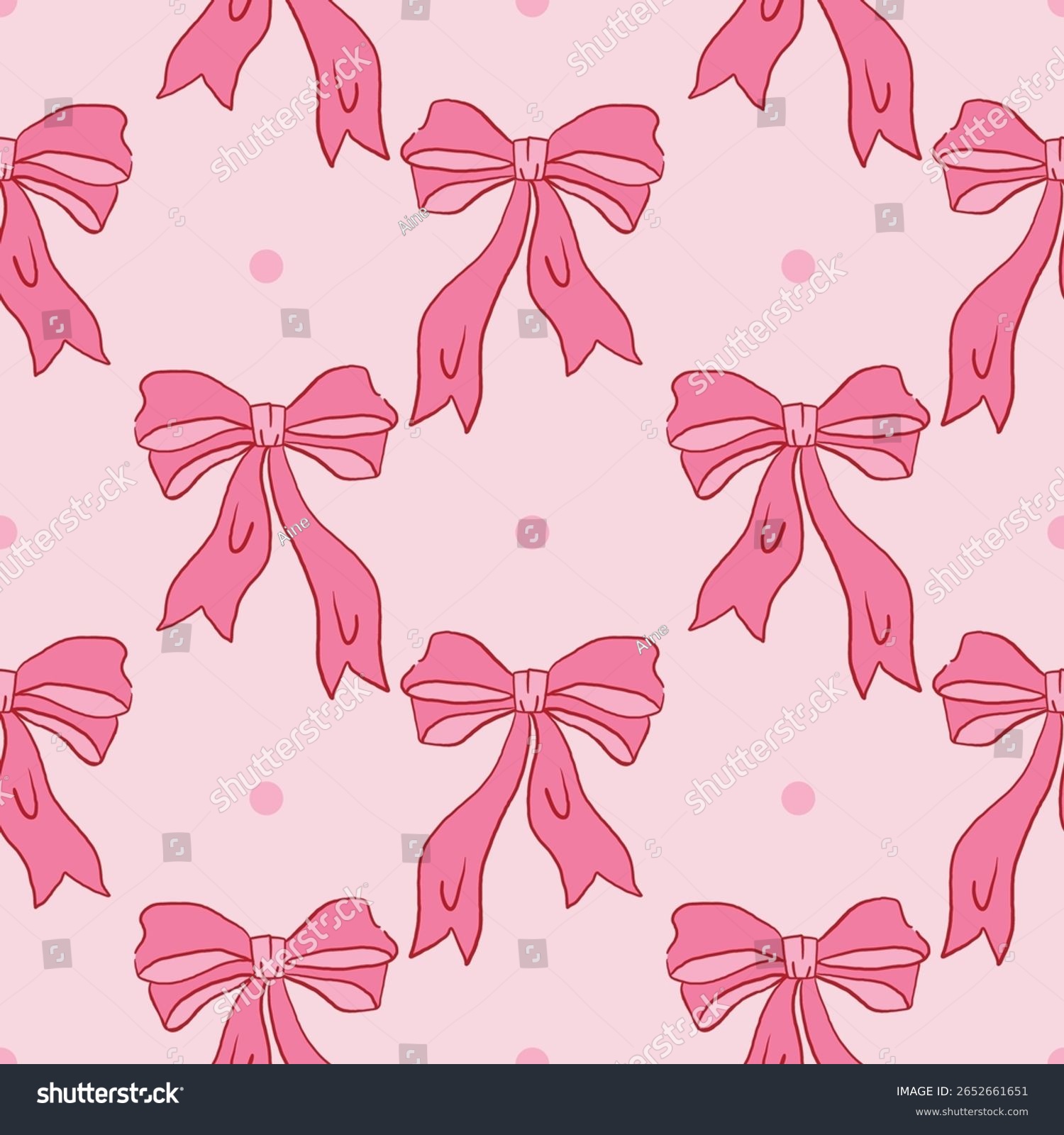 Pink seamless pattern with ribbon bow and tiny dot in polka dot order in hand-drawn coquette style. Feminine and cute design perfect for fabric  wrapping  stationery  decor  and girly themes.