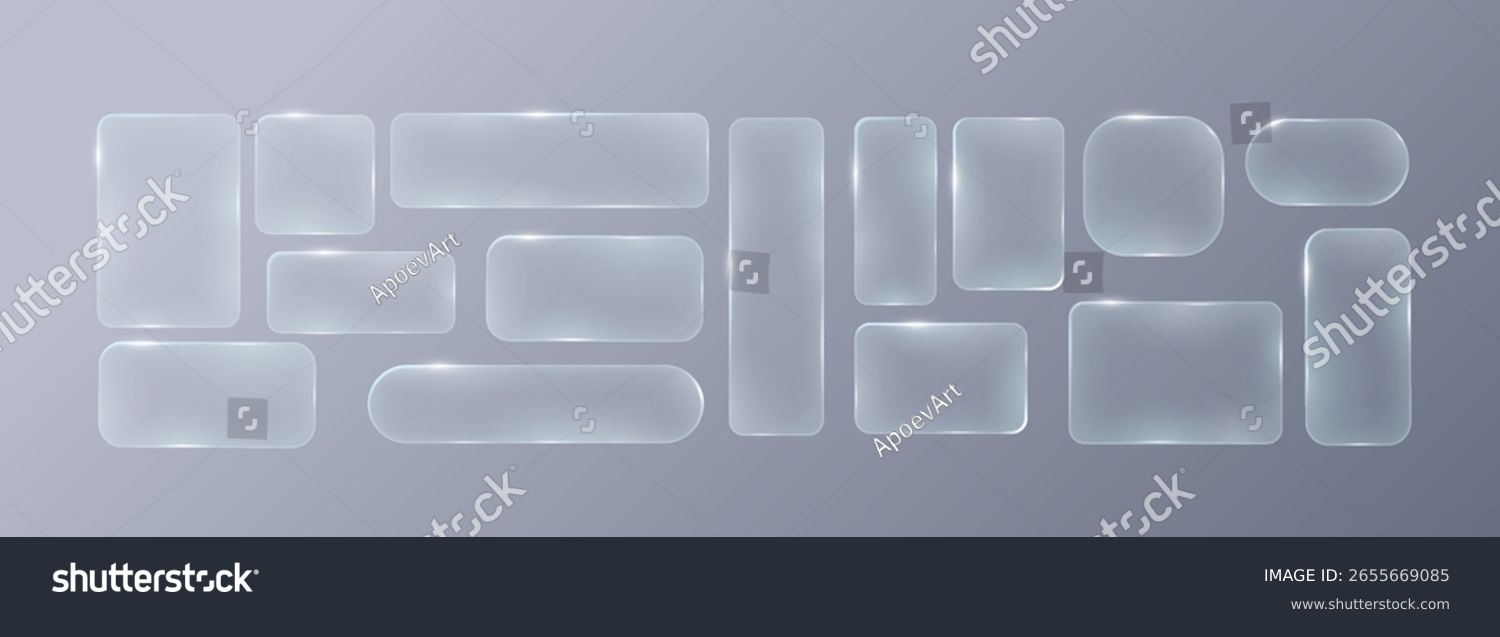 Set of frames and design UI UX elements in the style of liquid glass. Rectangular frosted glass elements. Modern and sleek design suitable for websites and user interfaces.