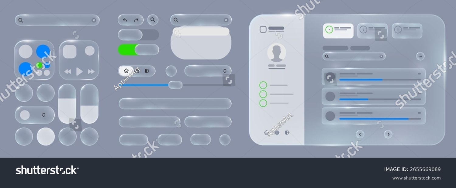 Set of frames and design UI UX elements in the style of liquid glass with translucent and frosted effect. Featuring buttons and sliders in blue and gray  its perfect for modern app designs.