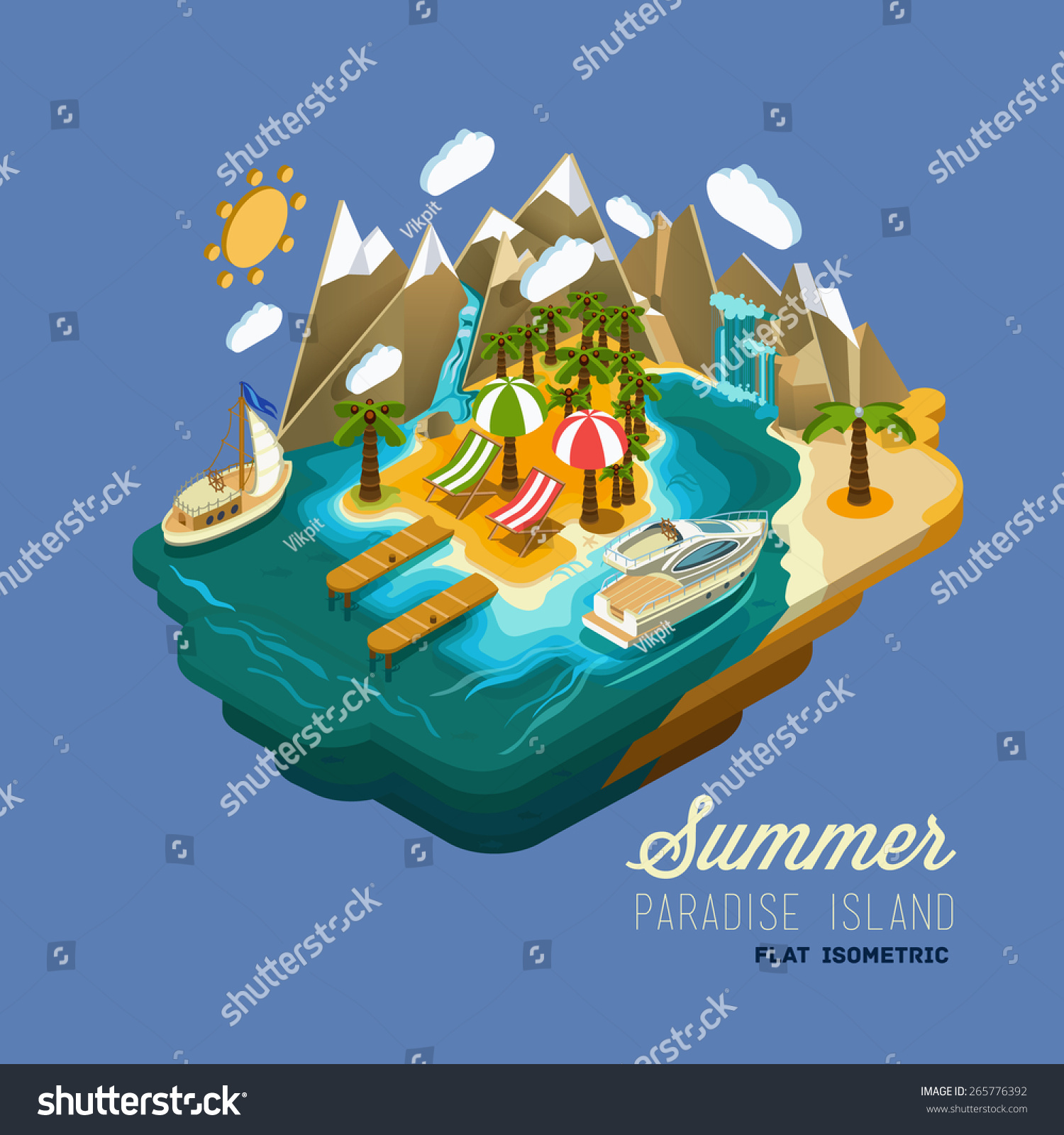 Flat vector Isometric composition. Summer vacation on the island. Paradise with palm trees  a waterfall and a yacht. Pictured 3d isometric concept.