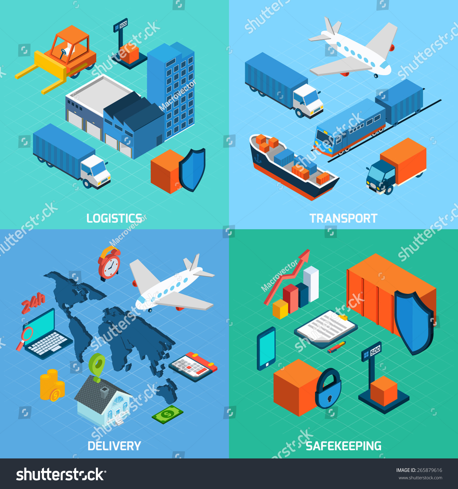 Logistics isometric set with transport safekeeping delivery 3d icons isolated vector illustration