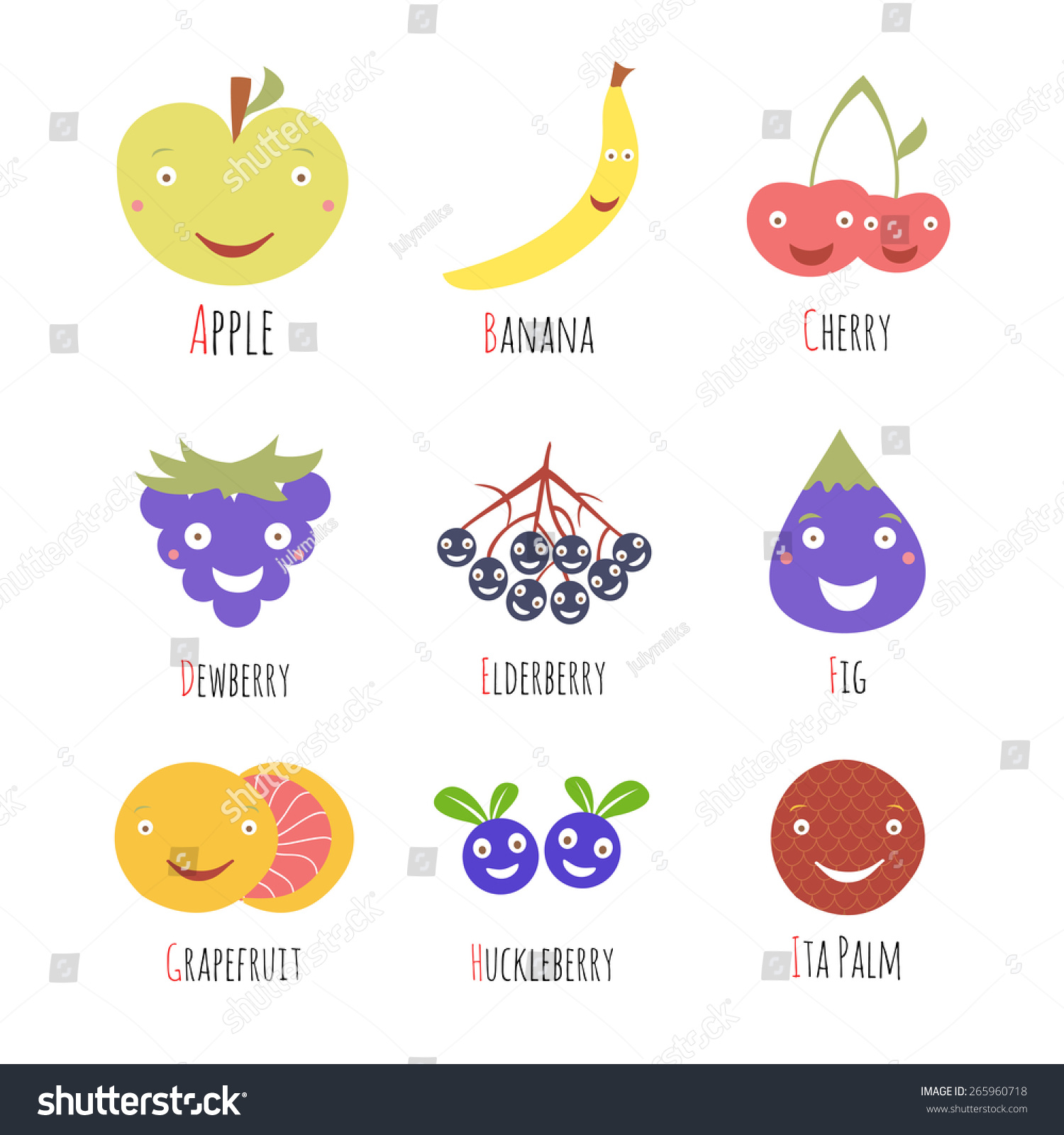 Vector set of alphabet fruits and berries letters. Letter a b c d e g h