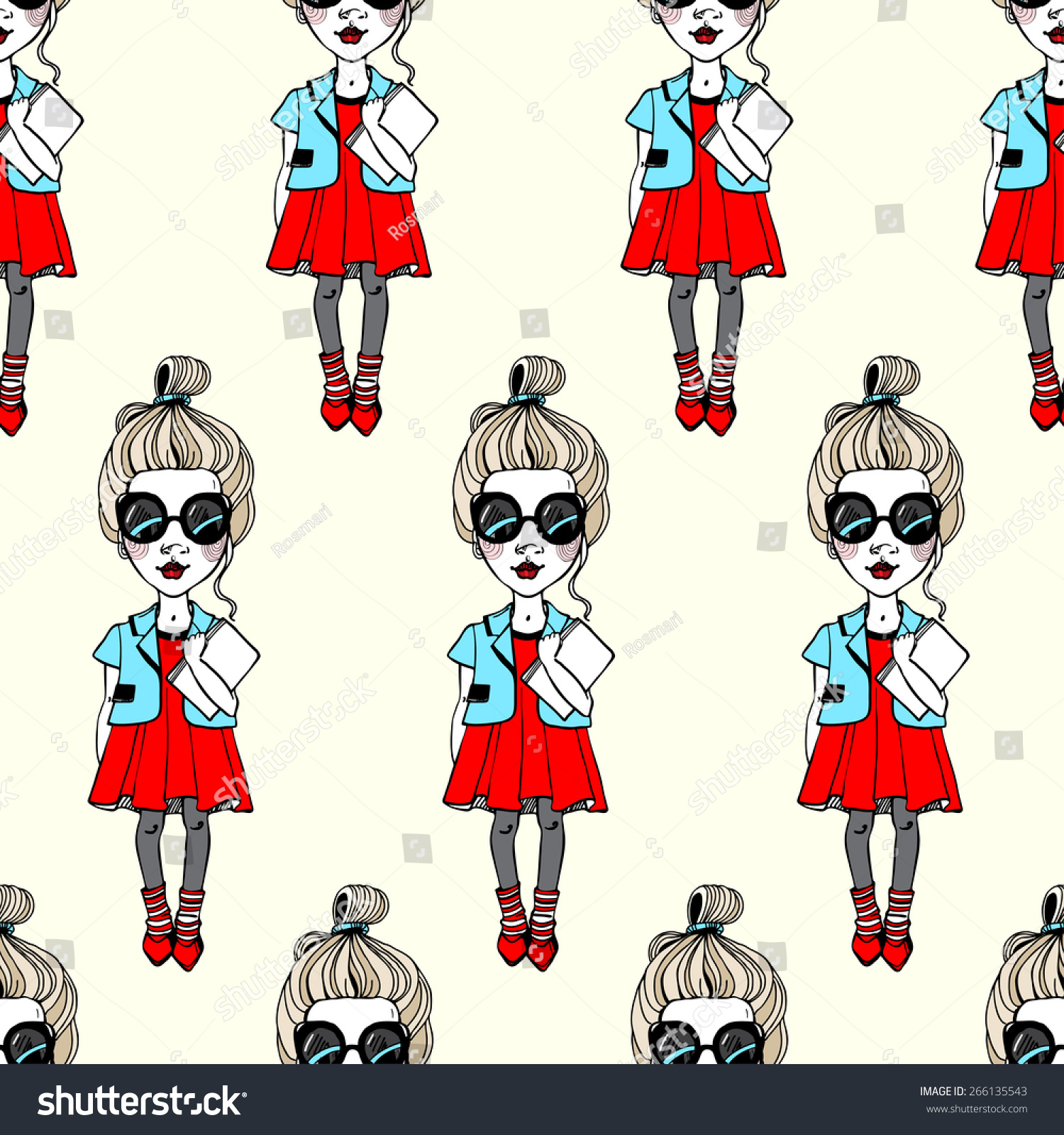 Fashion girl graphically hipster style seamless pattern - vector