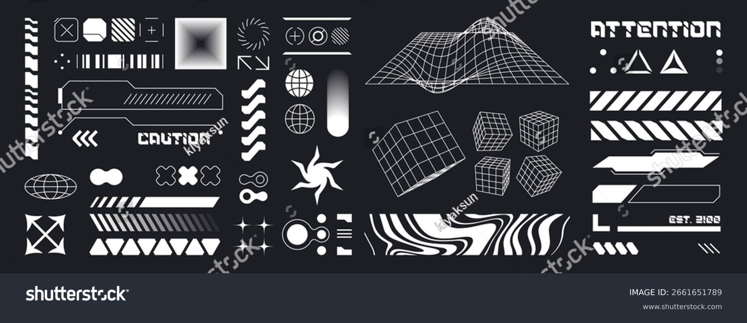 Cyberpunk HUD design elements in white on black - futuristic interface kit with grid wireframes  geometric shapes  digital patterns and tech symbols. Sci fi UI components. Data bars for game screens.