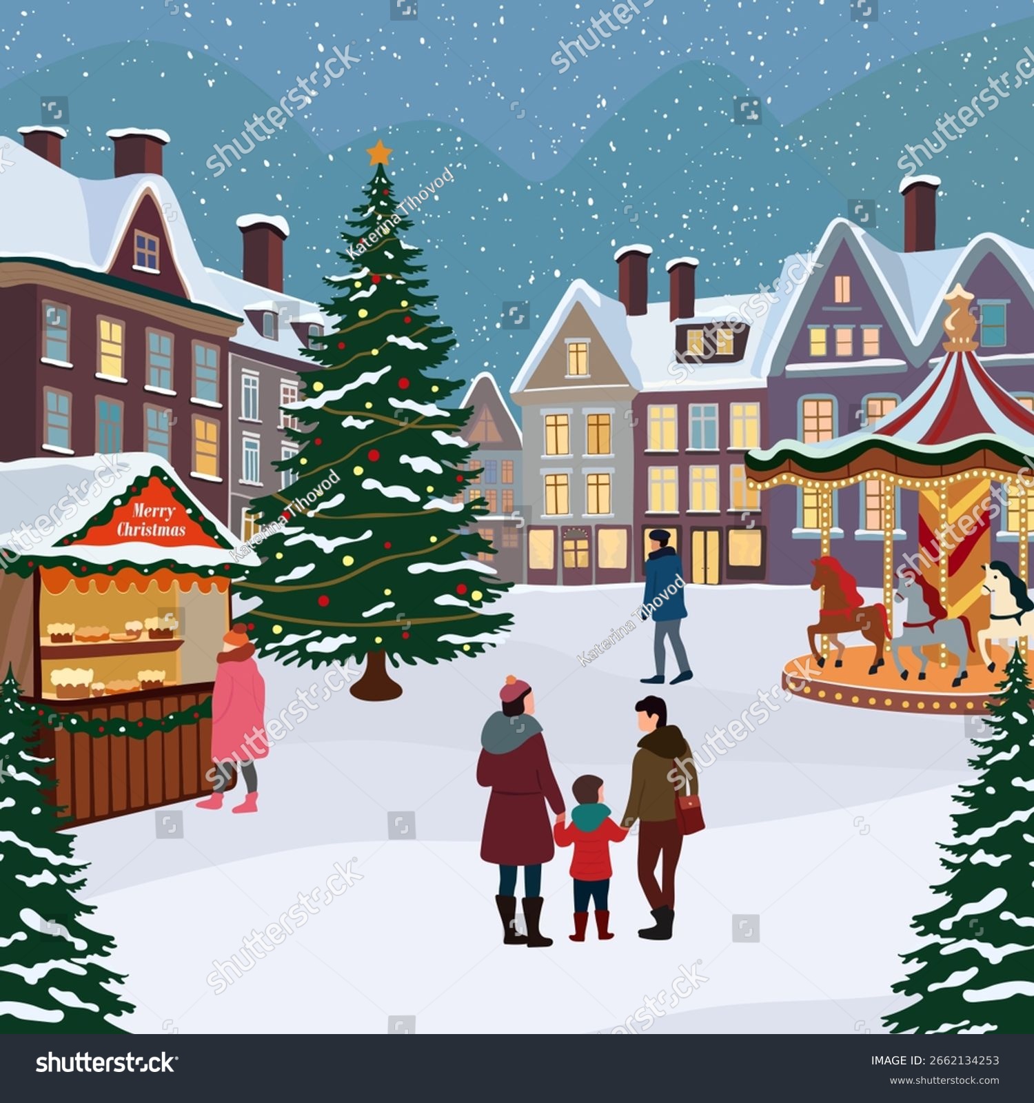 Christmas market. Illustration of decorated winter festive square with Christmas tree  snow-covered houses  people  family  carousel. Vector.