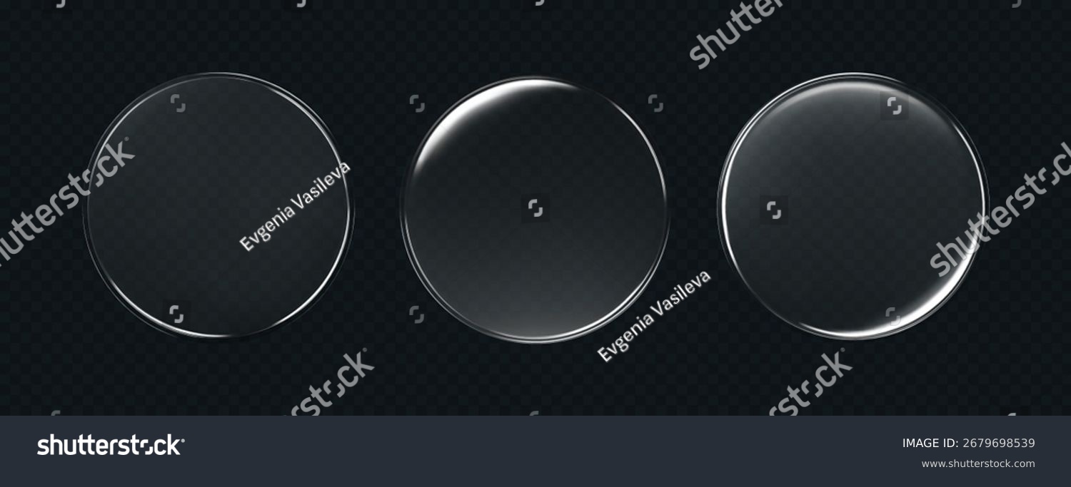 3d liquid glass disc with soft halo effect isolated on dark background. Render of transparent glass button  podium or mirror with neon gradient texture. 3D vector UI figure for tech interface
