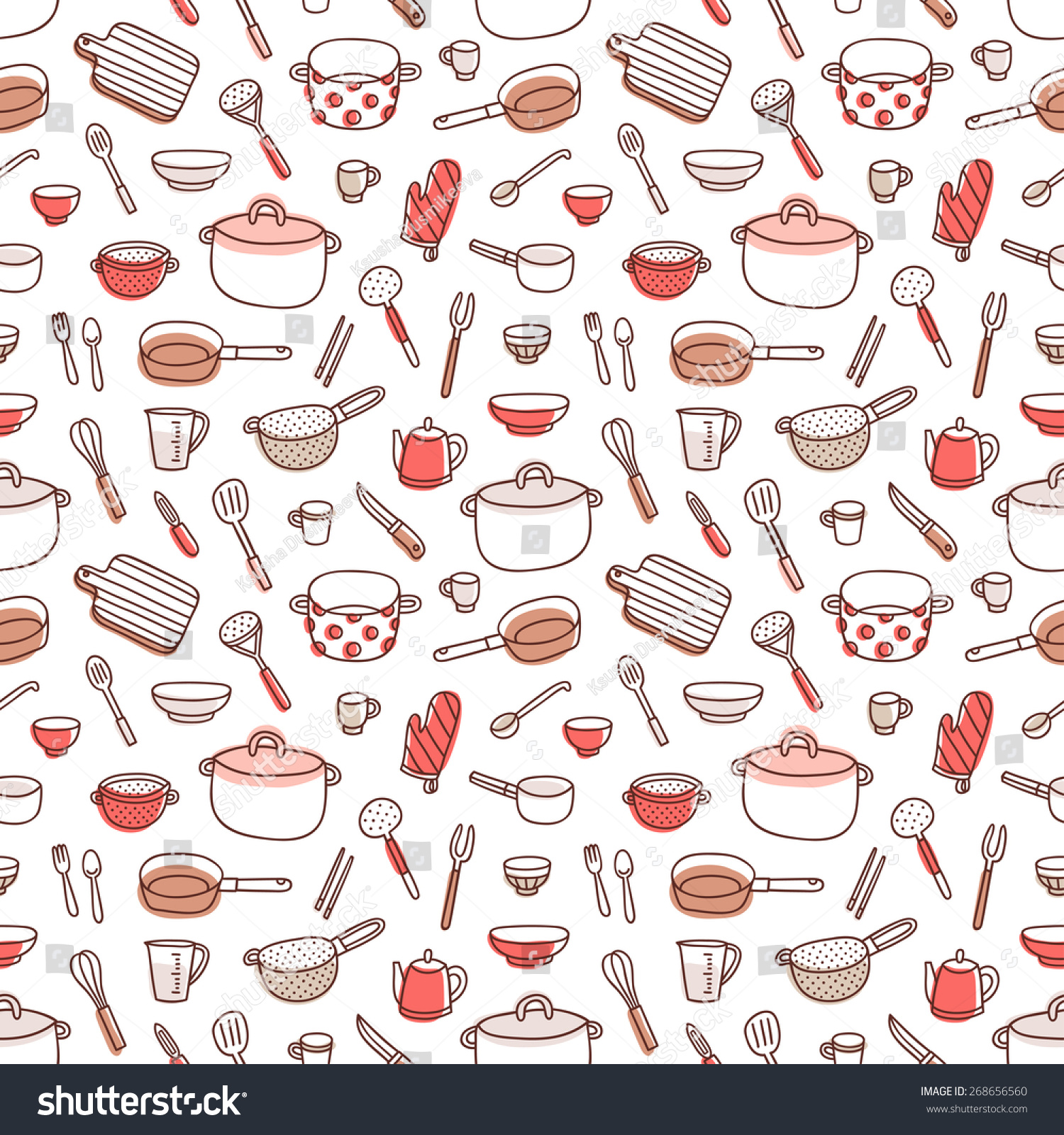 Kitchenware and cooking utensils colorful and fun doodle seamless pattern