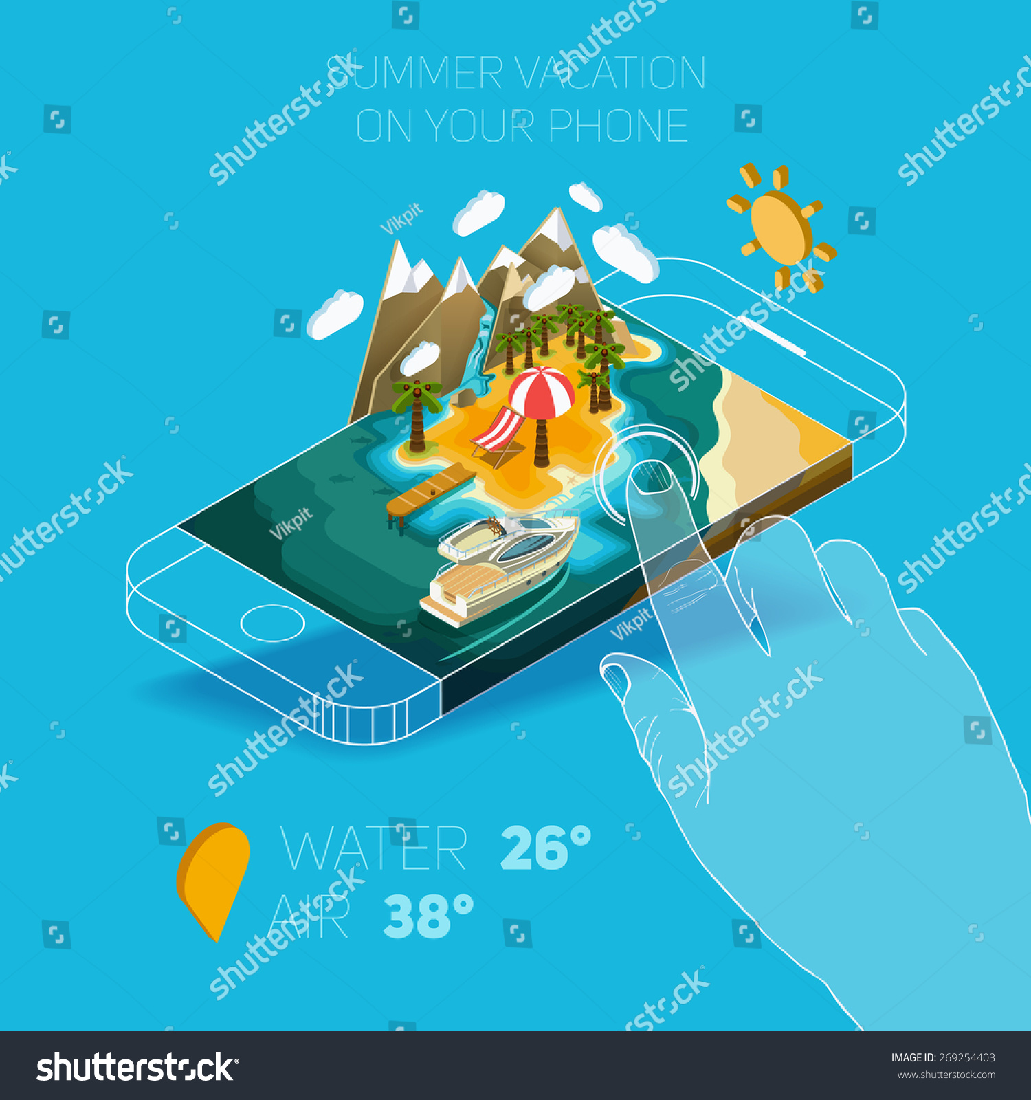 Flat vector Isometric composition on screen phone. Summer vacation on the island. Paradise with palm trees  a waterfall and a yacht. Pictured 3d isometric concept.