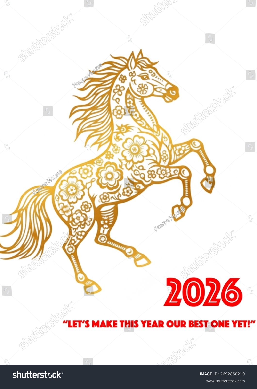 Square New Year greeting card with a golden fire horse on a luxurious christmas background. Stylish christmas pattern and christmas ornaments enhance the elegant winter atmosphere. Perfect for seasona