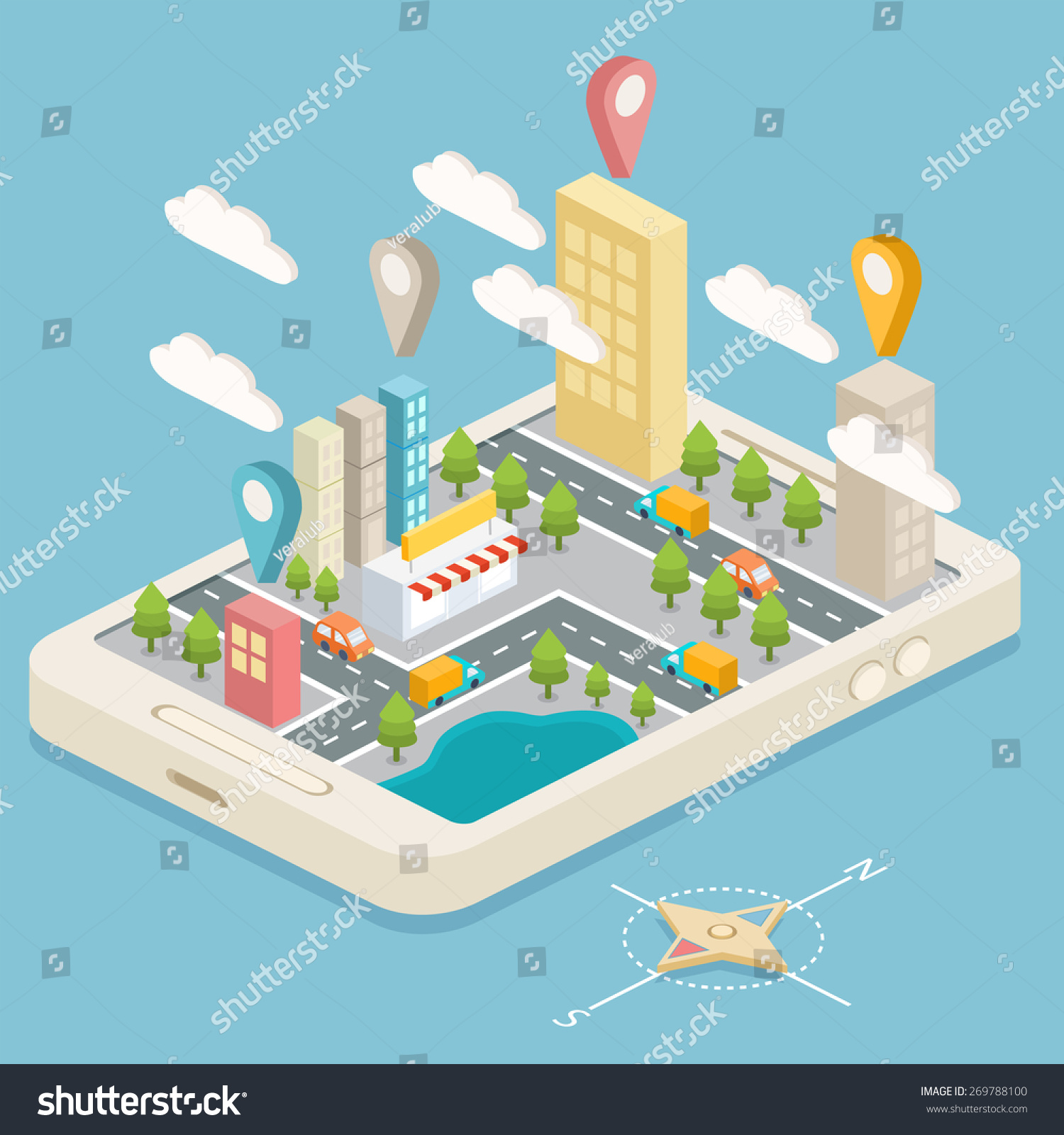 Isometric town map with GPS navigation