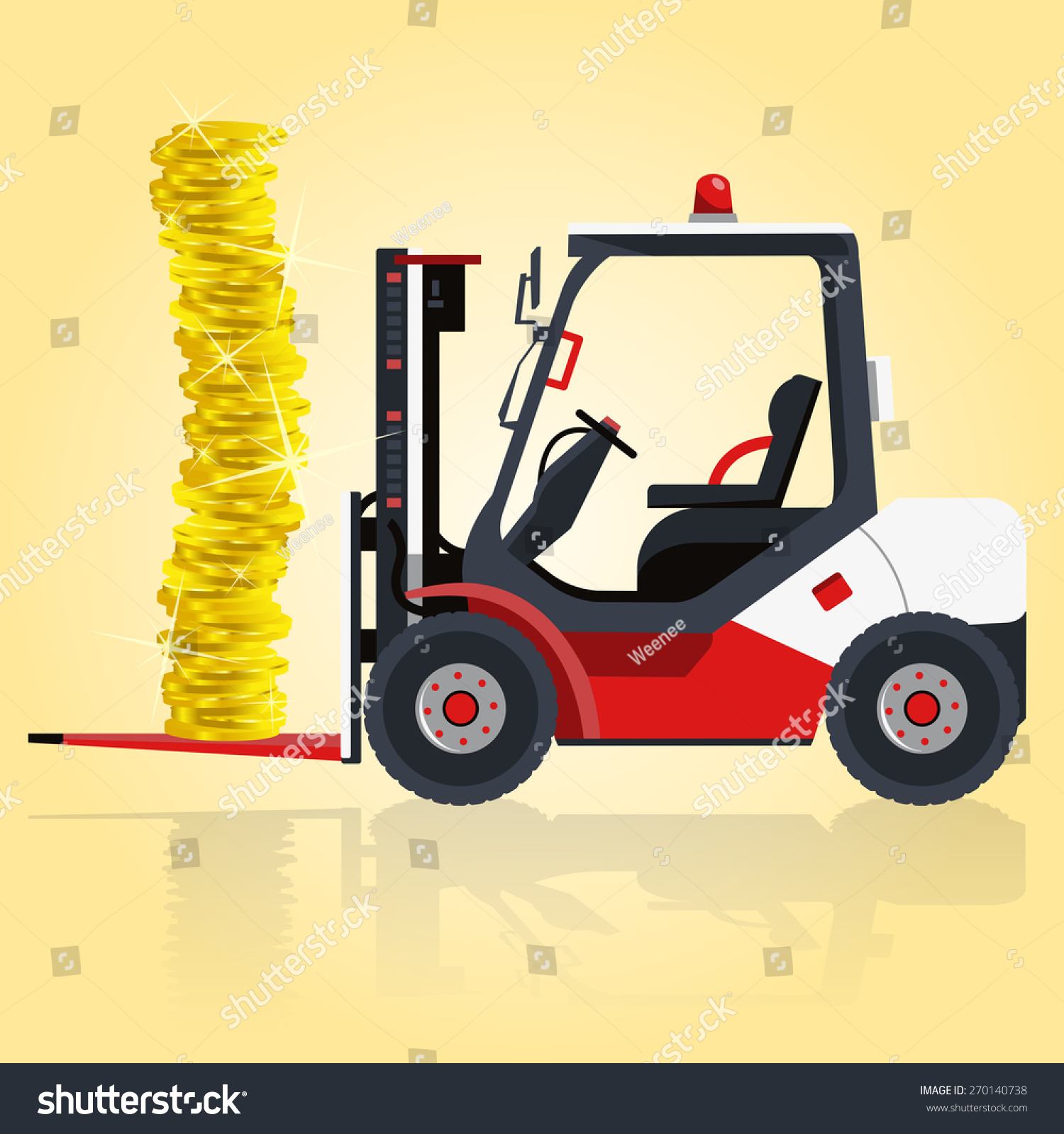 Fork lift red transports golden coins illustration for financial presentation ground works flatten isolated illustration vector