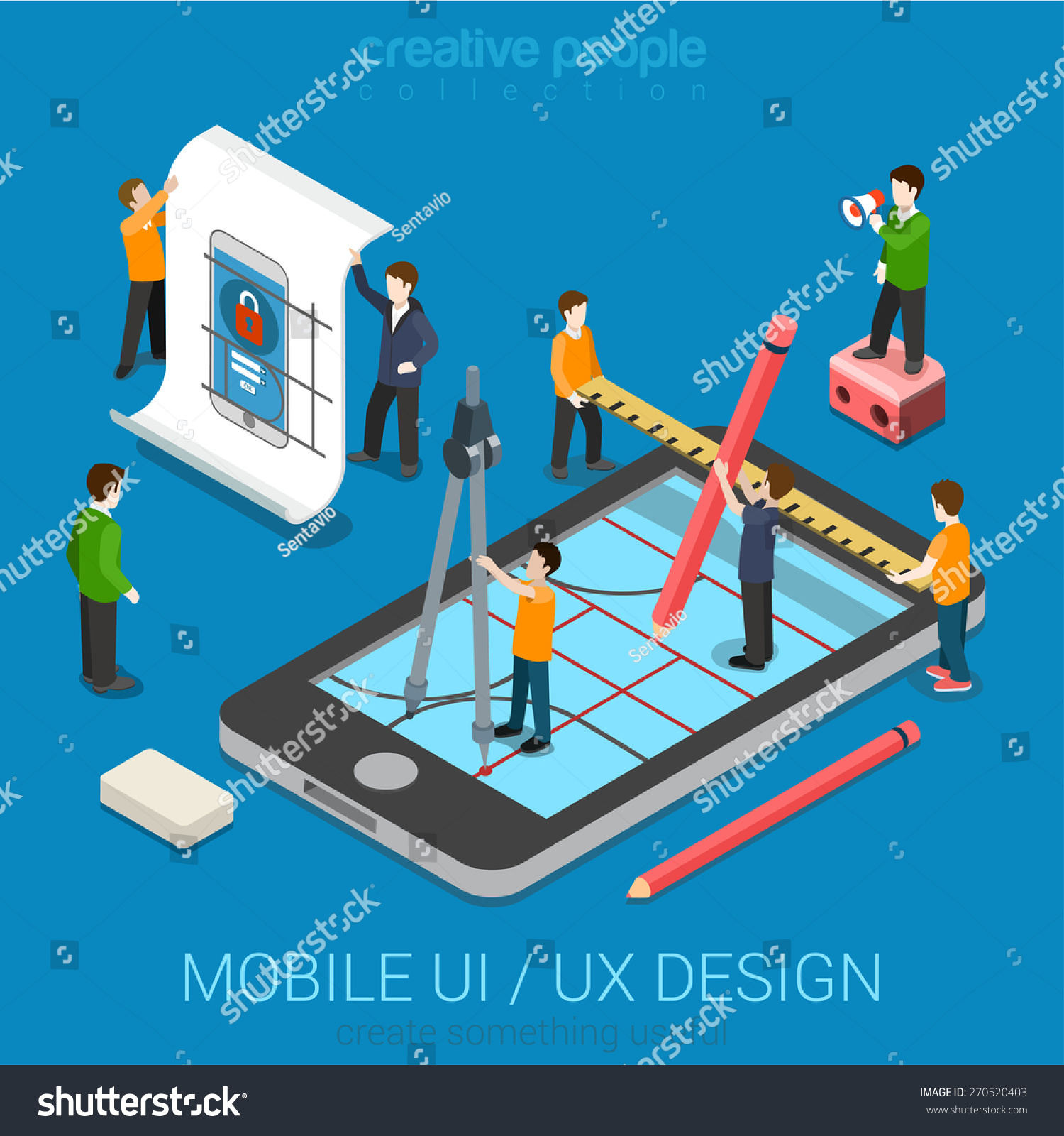 Mobile UI / UX design web infographic concept flat 3d isometric vector. People creating interface on phone tablet. User interface experience  usability  mockup  wireframe development concept.