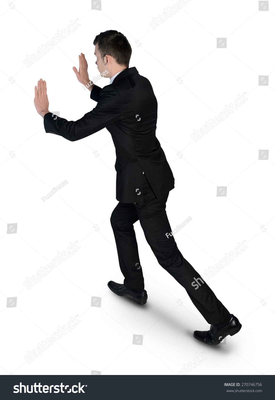 isolated business man push something