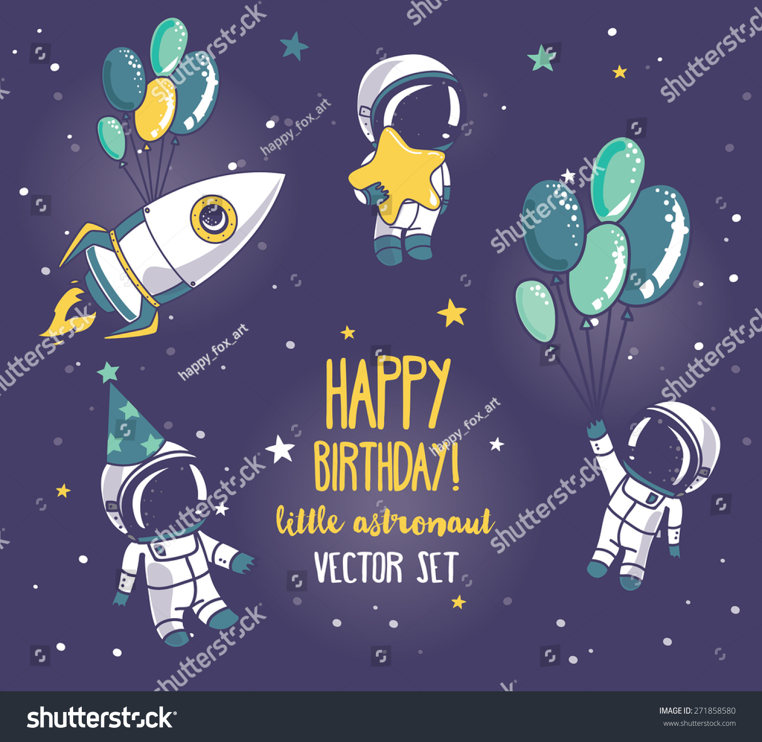 set of cute astronauts and rocket in space for birthday party in cosmic style  vector illustration