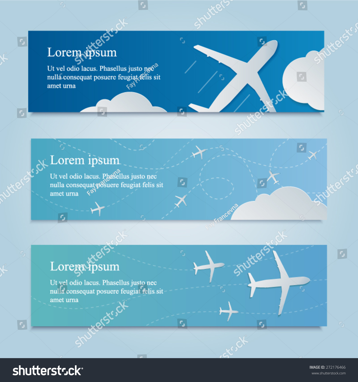 Banner with white airplane in the sky. Nice blue background for business and ticketing.