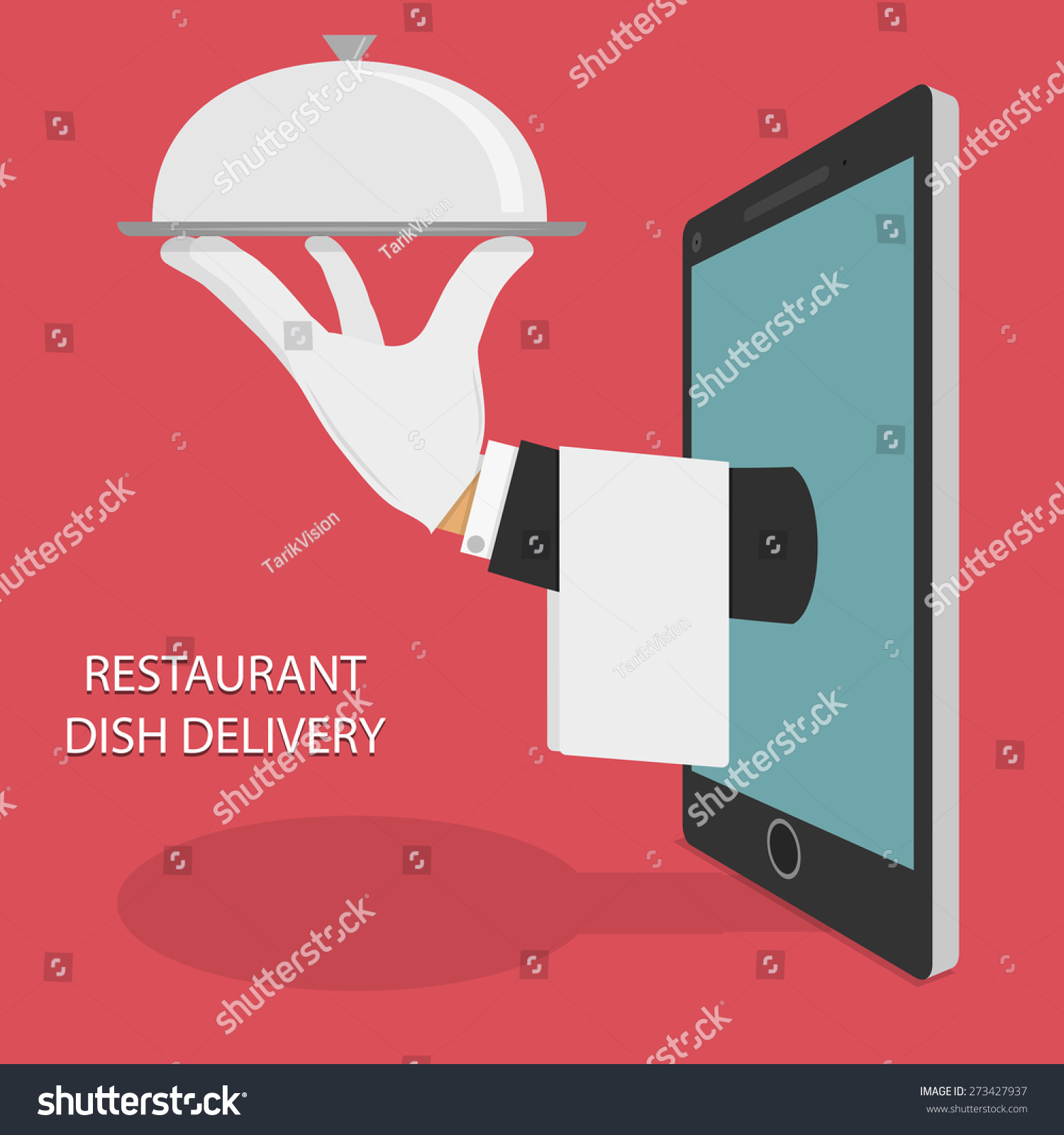 Restaurant Food Delivery Concept Flat Vector Illustration. Hand Of Water With Dish And Towel Appeared From Smartphone or Tablet.