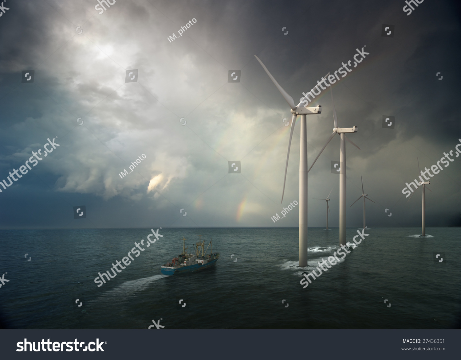 Windmill in ocean. Storm rising