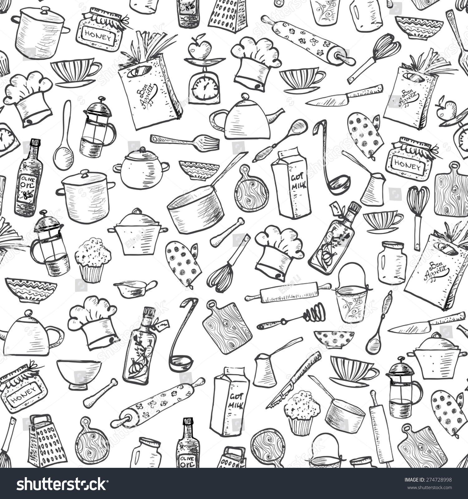 Seamless texture with of kitchen doodle sketch utensils hand-drawn with ink. Can be used for wallpaper  pattern fills  textile  web page background  surface textures.Vector illustration.