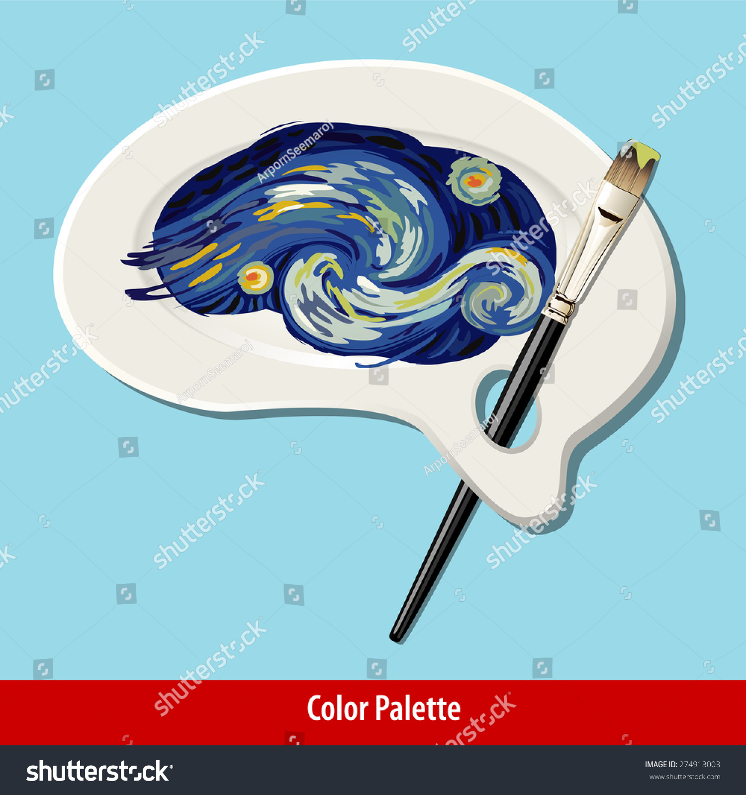 Vector of paint strokes on artist brain color plate with paint brush.