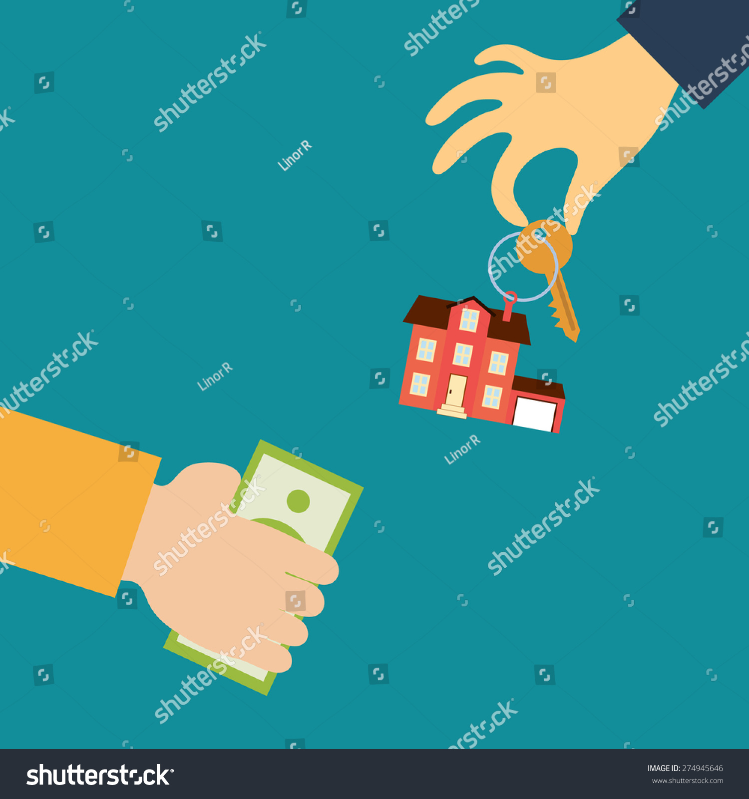 Vector real estate concept in flat style - the hand of a realtor holds out a key with a tag in the form of the house  and the buyer or lessee takes money