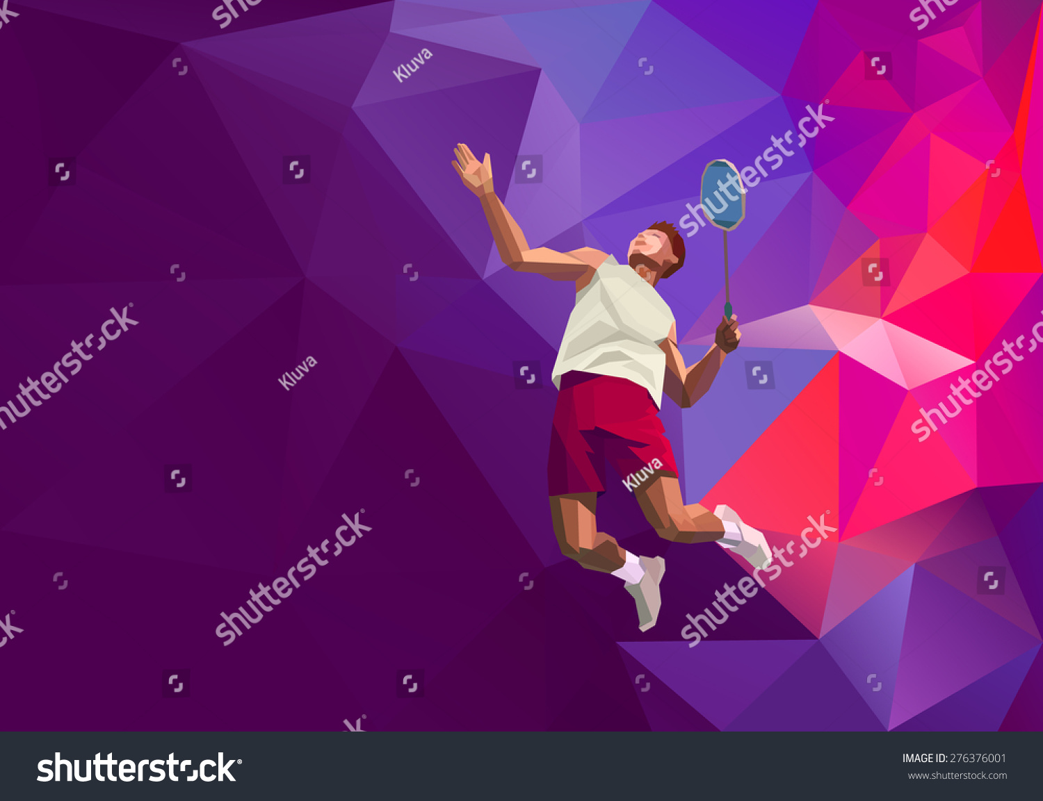 Polygonal geometric professional badminton player on colorful low poly background doing smash shot with space for flyer  poster  web  leaflet  magazine. Vector illustration