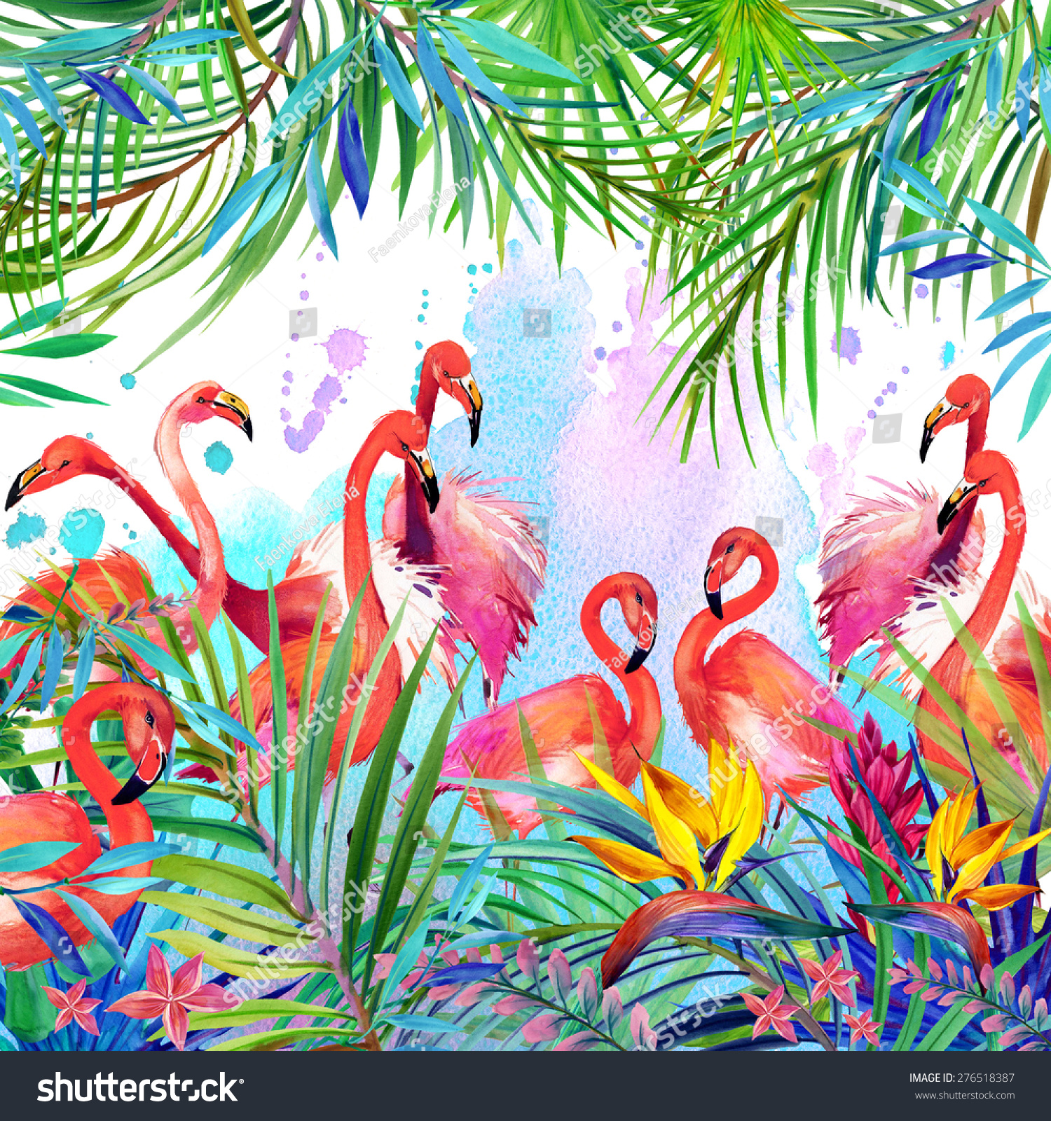 Tropical exotic bird  leaves and flowers. watercolor summer floral background