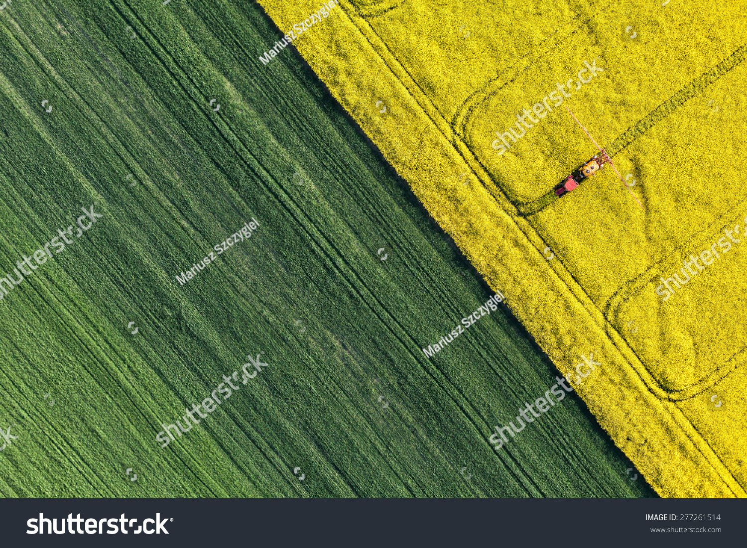 aerial view of harvest fields with tractor in Poland