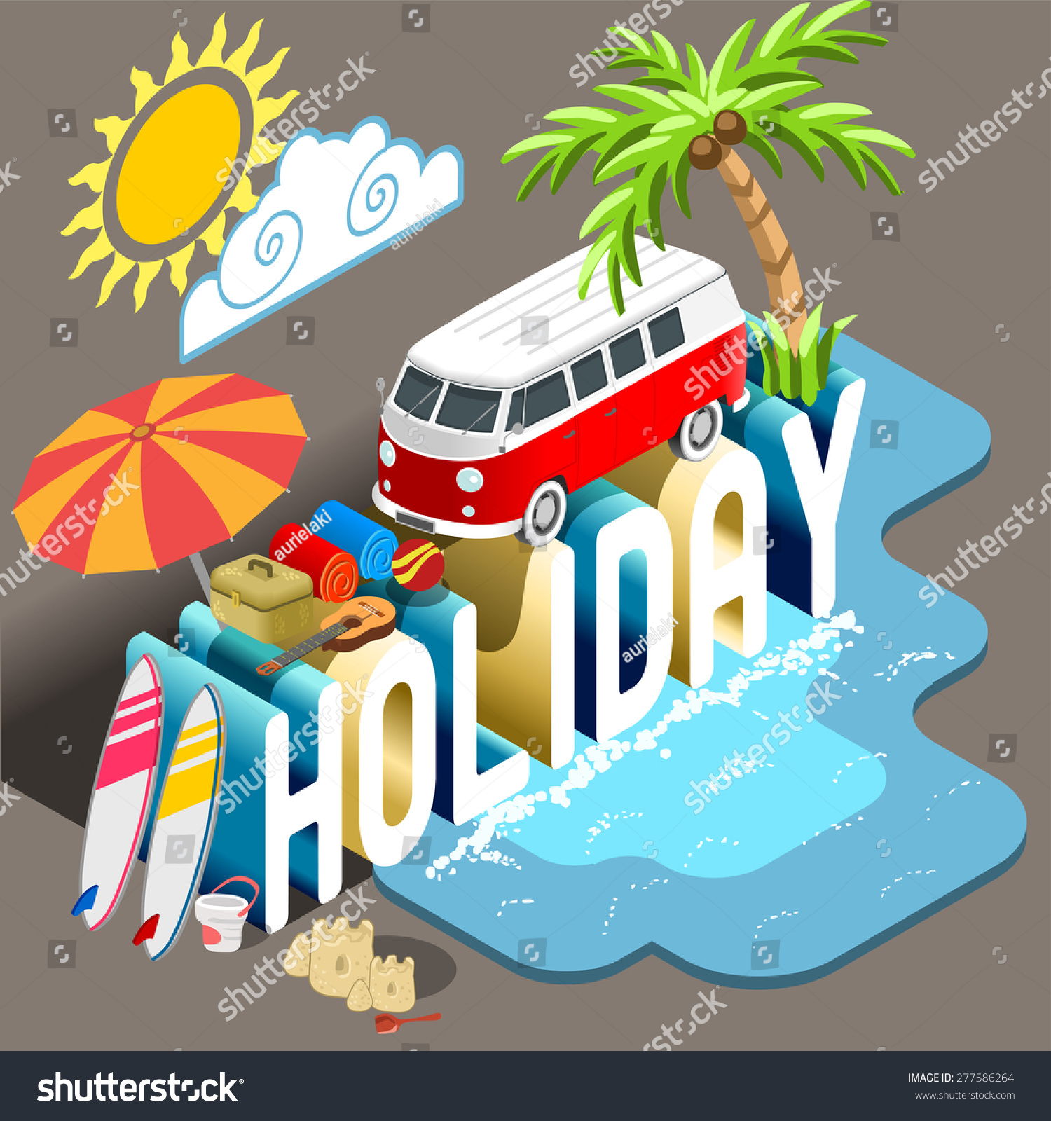 Summertime Alternative Vacation Diorama. Holiday Postcard Collection. Flat 3d Isometric Vehicle Van Infographic Vector. Summertime School Concept Hippie Van Beach Surfboard. Travel Tourism Industry.
