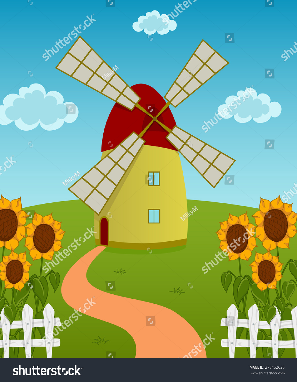 vector cartoon illustration of a windmill on the sunflowers