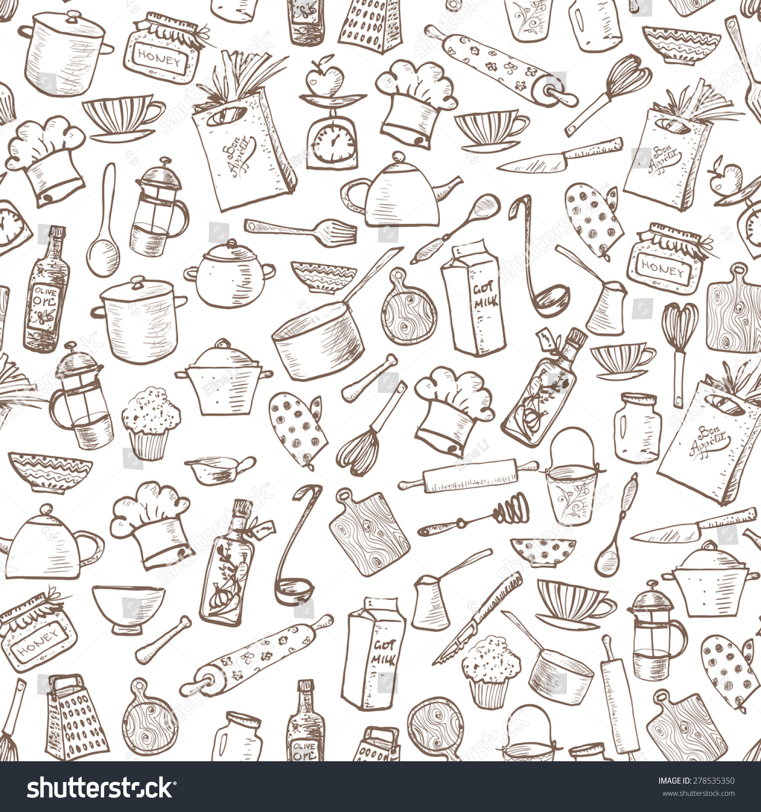 Seamless texture with of kitchen doodle sketch utensils hand-drawn with ink. Can be used for wallpaper  pattern fills  textile  web page background  surface textures.Vector illustration.