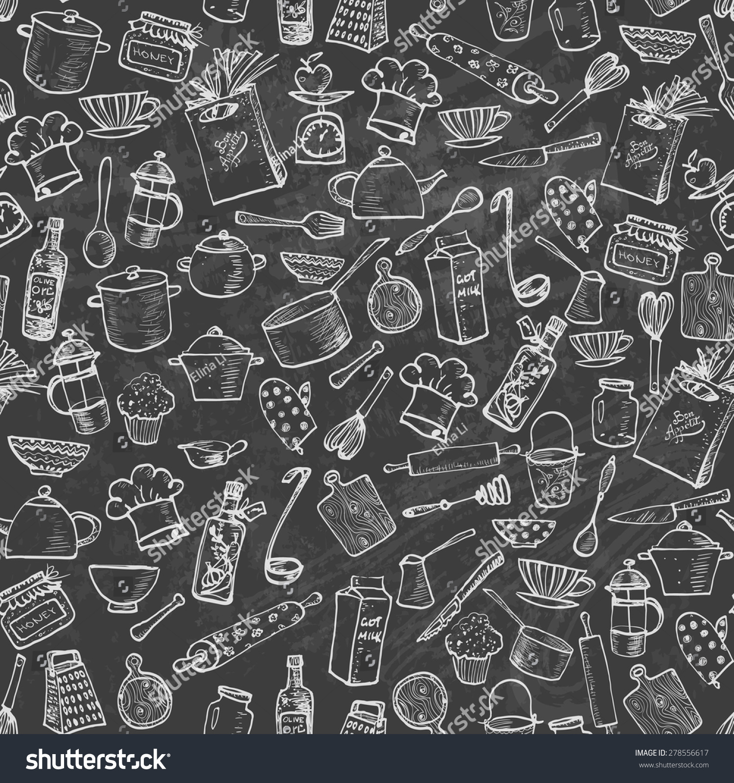 Seamless texture with of kitchen doodle sketch utensils hand-drawn with chalks on blackboard. Can be used for wallpaper  pattern fills  textile  web page background  surface textures.