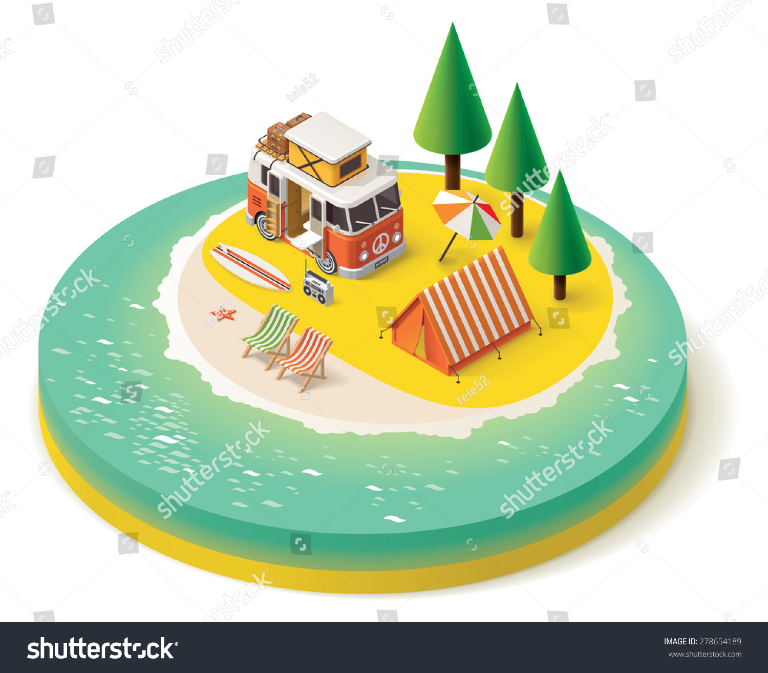 Vector isometric icon representing camper van on the beach with tourist and travel equipment  - tent  deck chairs and surfing boards