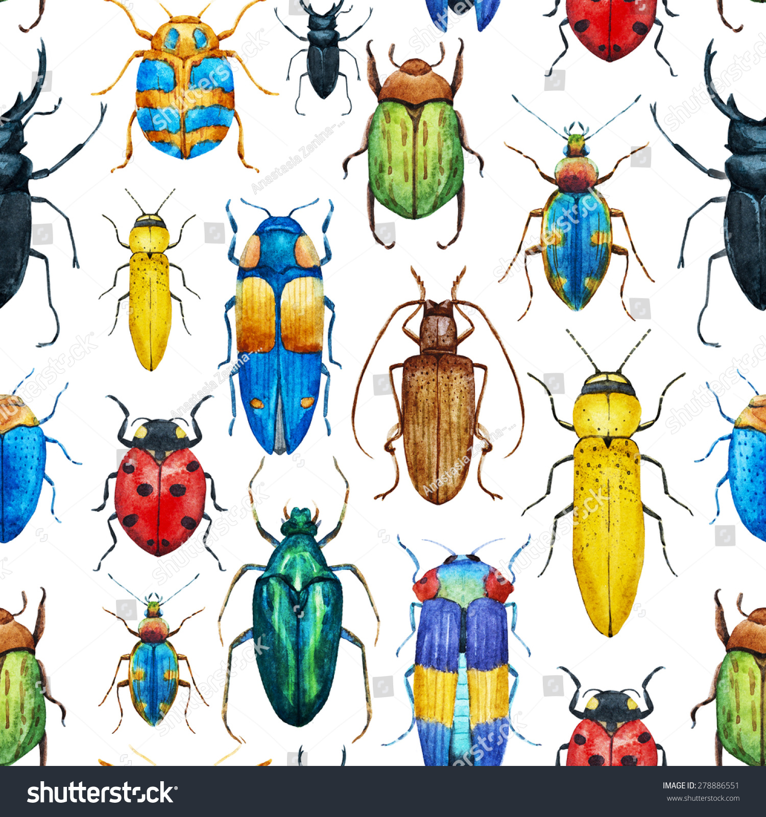 watercolor pattern with bright beetles
