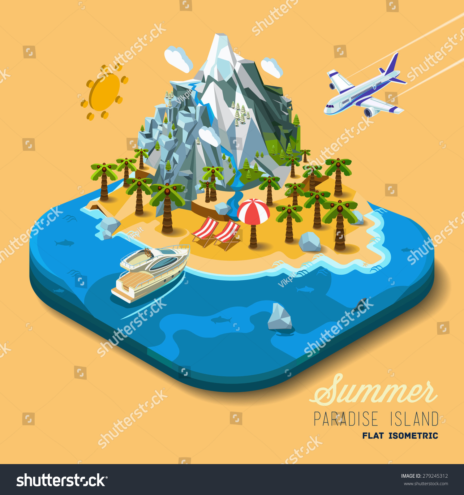 Part of the land to the sea and the mountains  palm trees and a yacht  paradise  summer vacation  sea  ocean  on the beach. Travel  hop on a plane. Vector work flat isometric 3D concept.