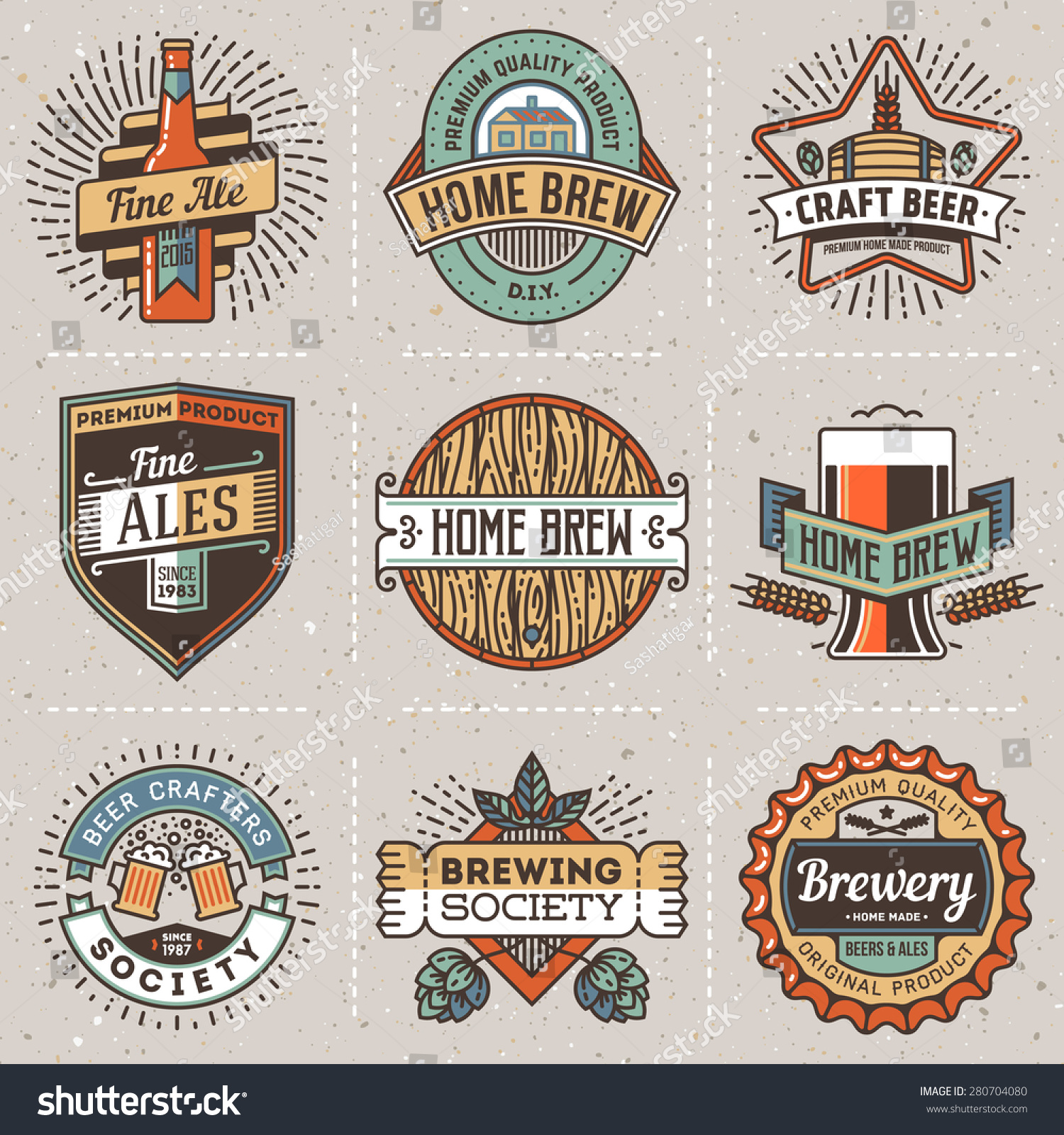 Color retro design insignias line art logotypes home brewery set 2. Vector high quality vintage elements. Cardboard texture.