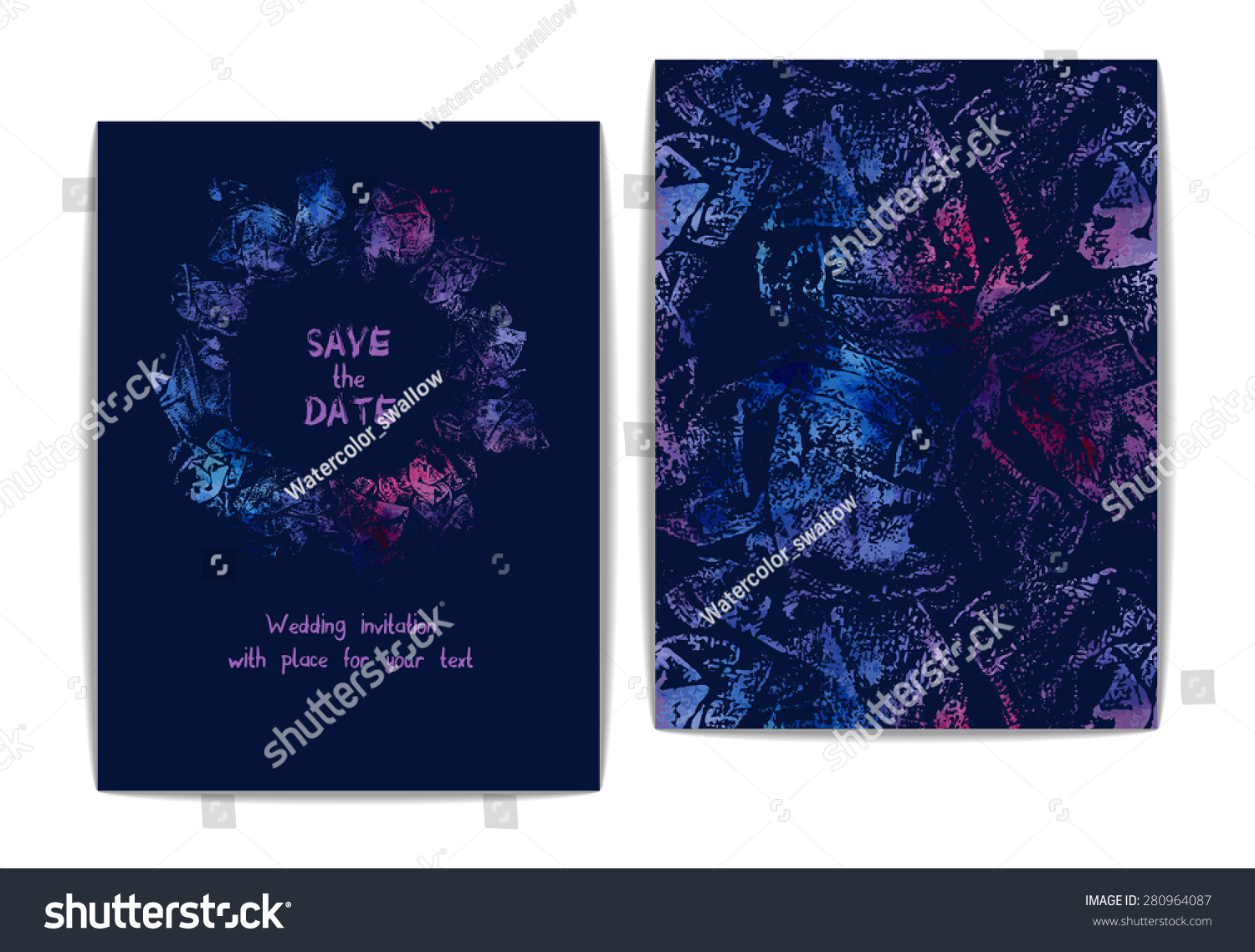 Wedding invitation card. Grunge watercolor frame. Front and back side.