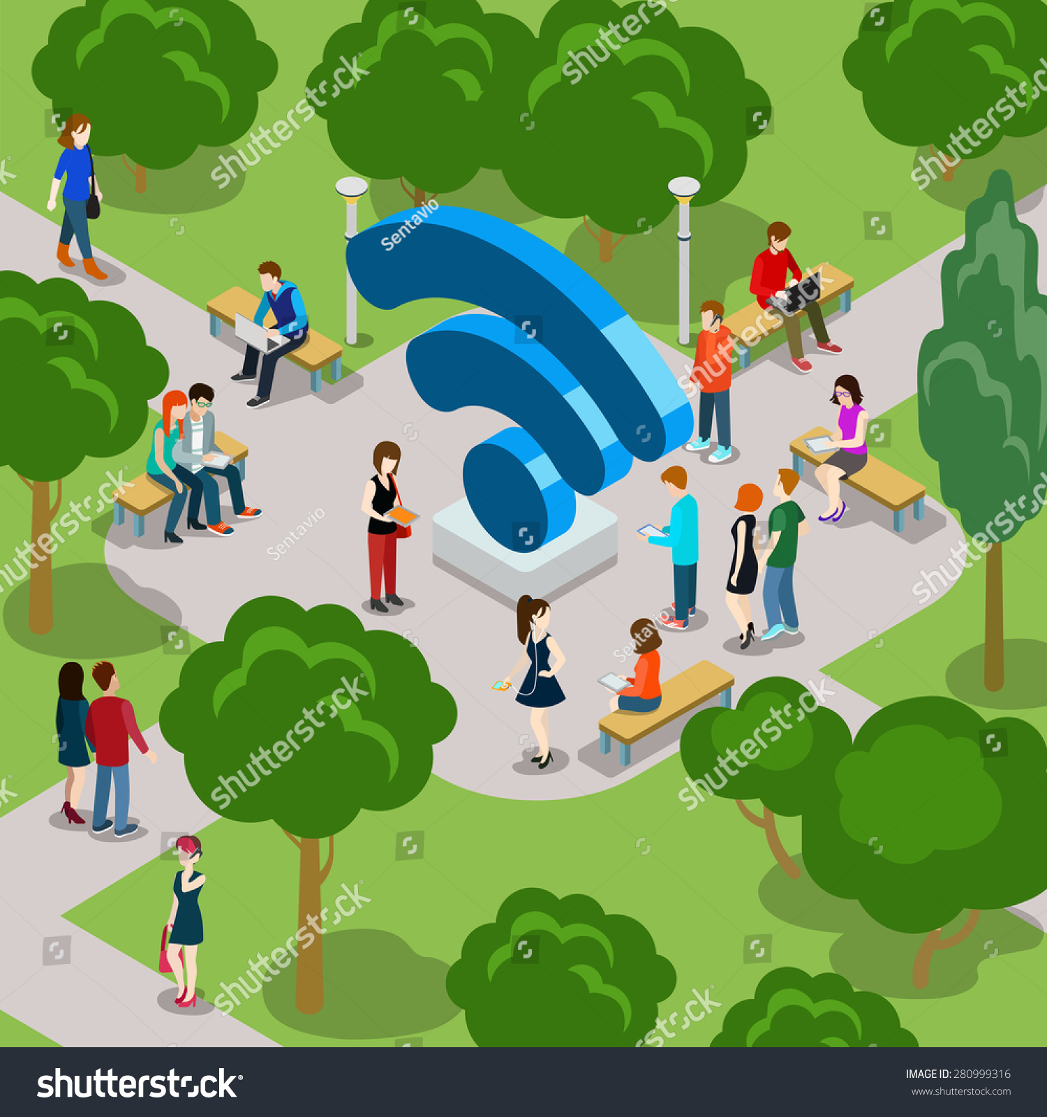 Men & Women 3d flat isometric style with Wi-fi icon in Park concept vector.
Creative people collection.