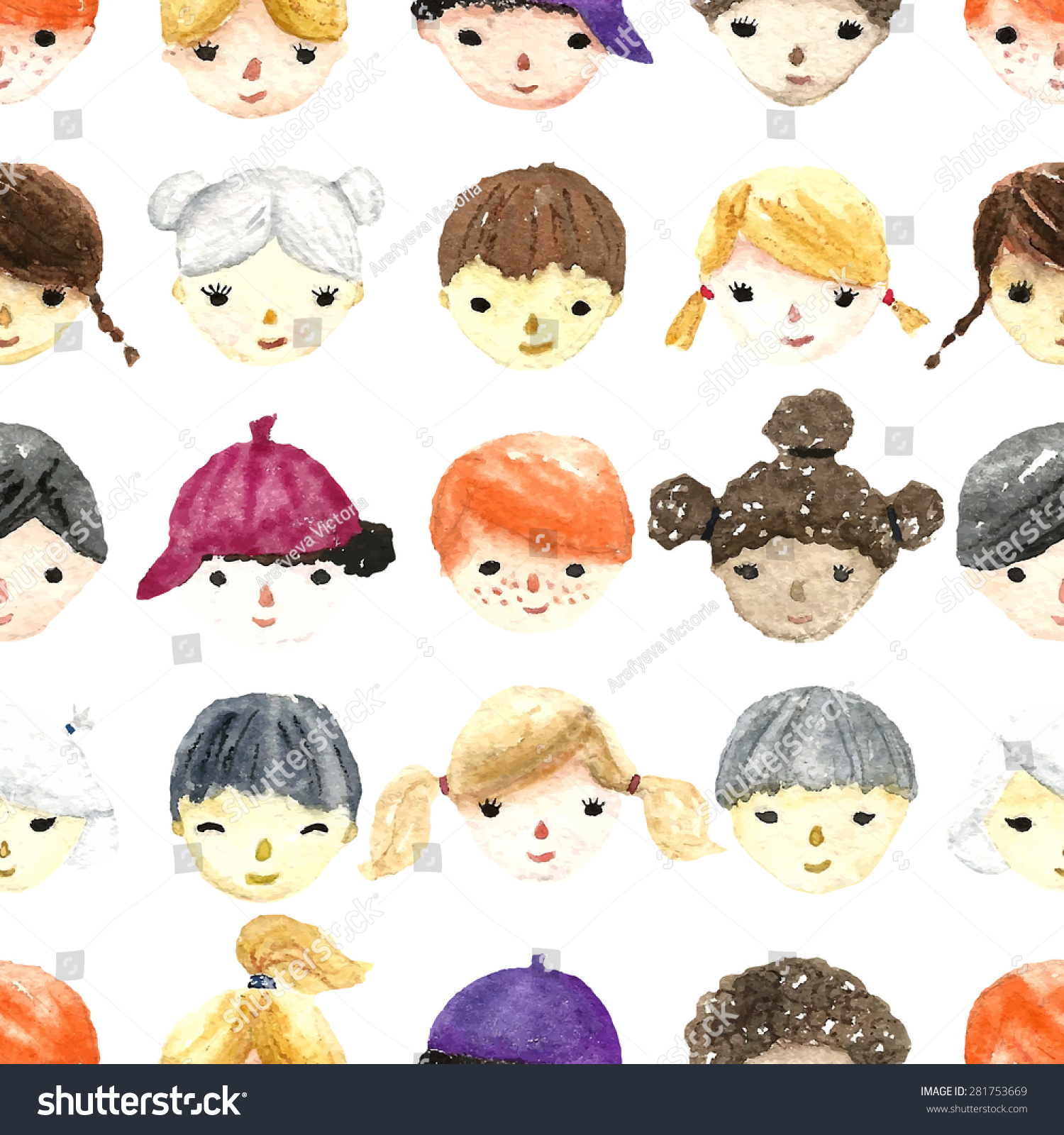 Set of watercolor children faces for your design. Seamless pattern. Vector.