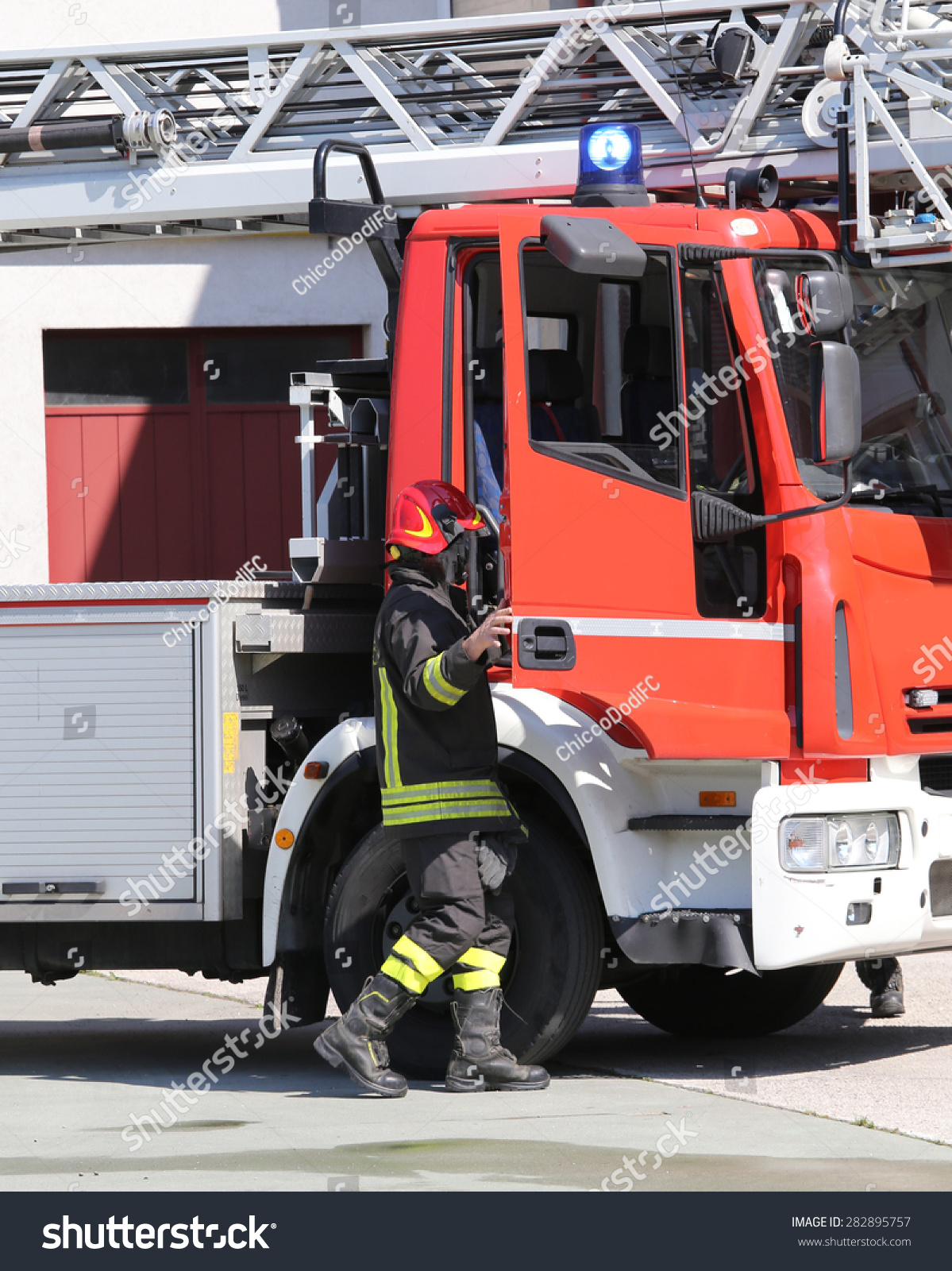 firetruck in the barracks of the fire brigade after the fire