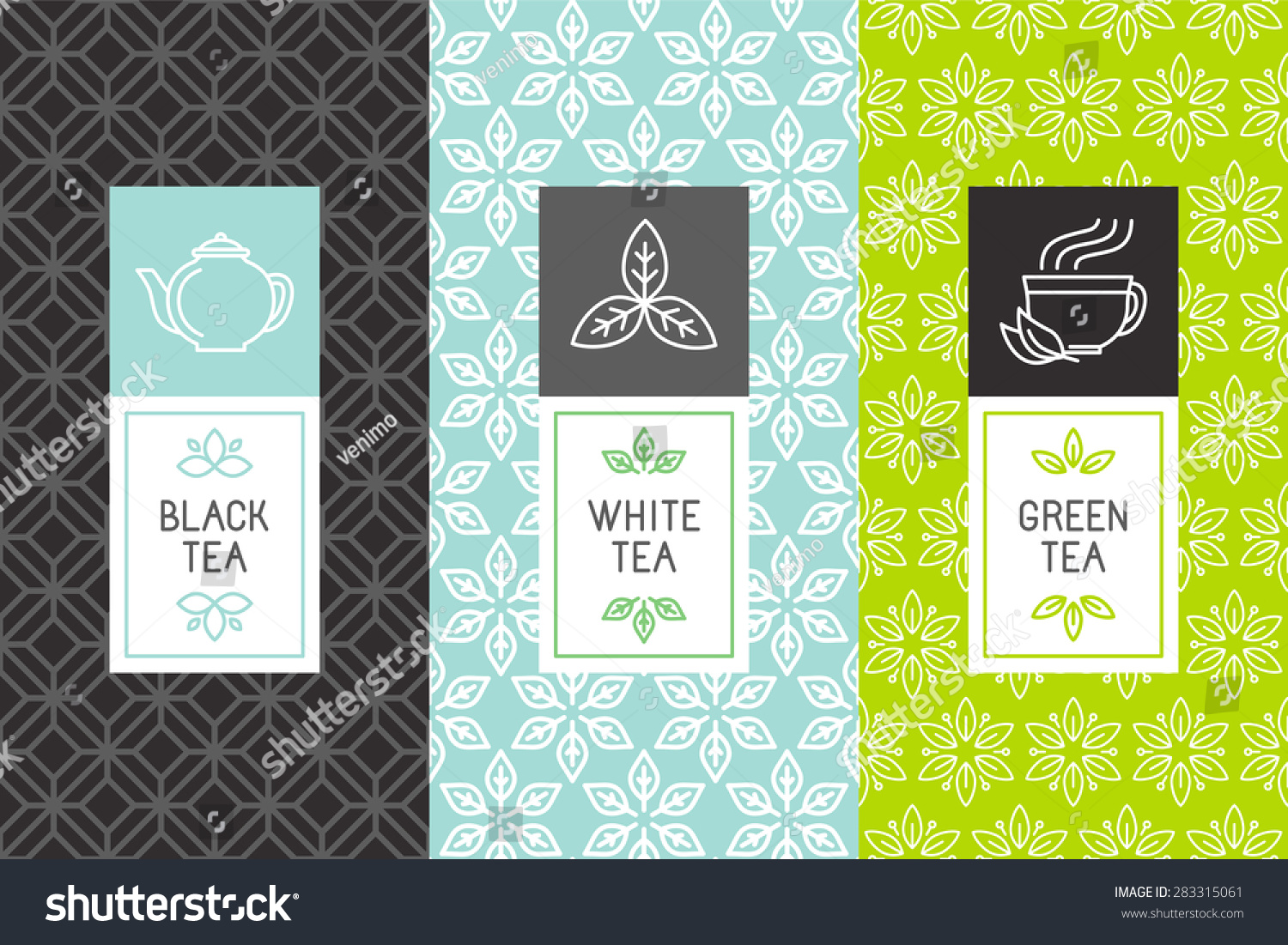 Vector set of design elements and icons in trendy linear style for tea package - white black and green tea