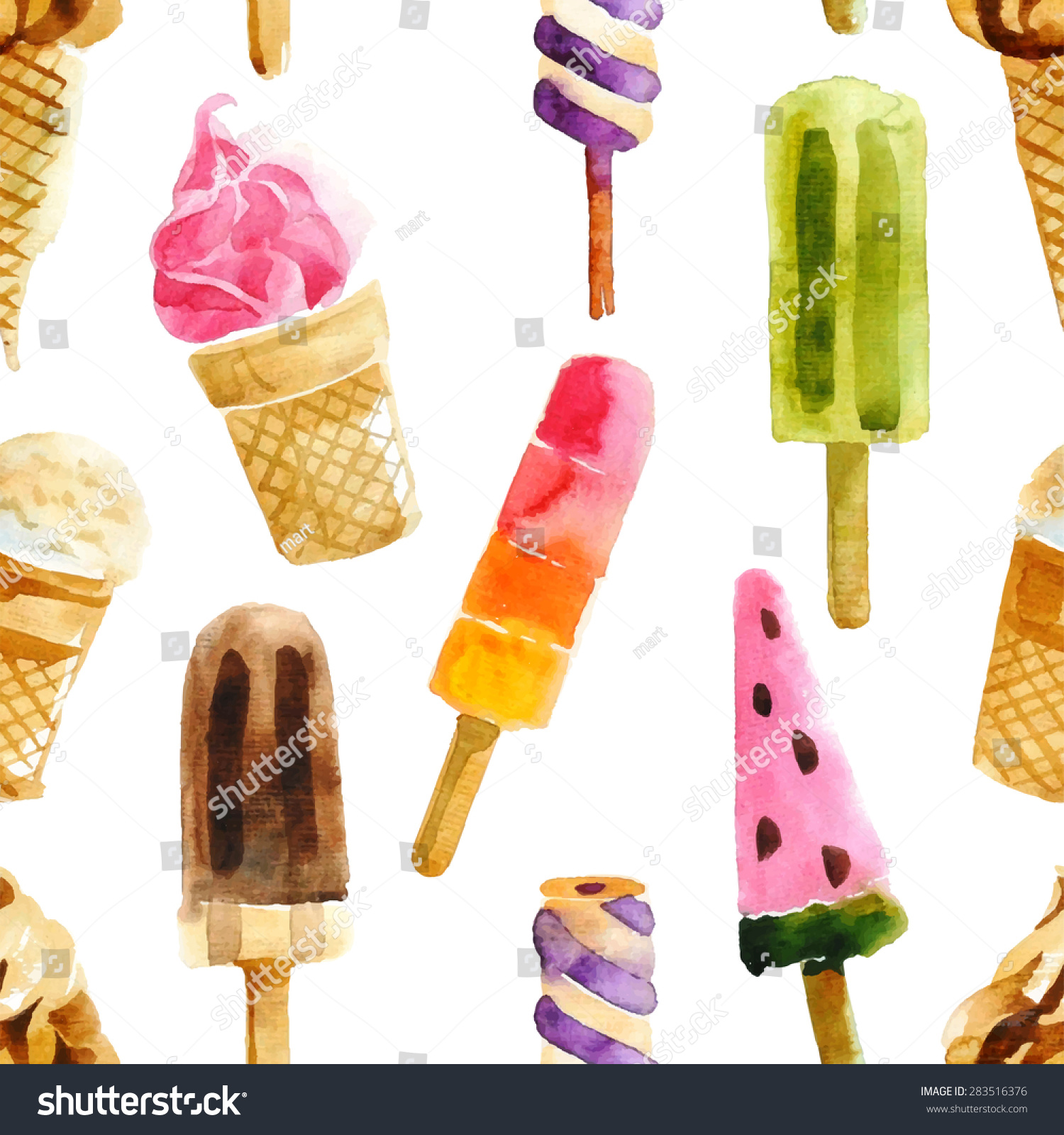 Watercolor ice cream seamless pattern