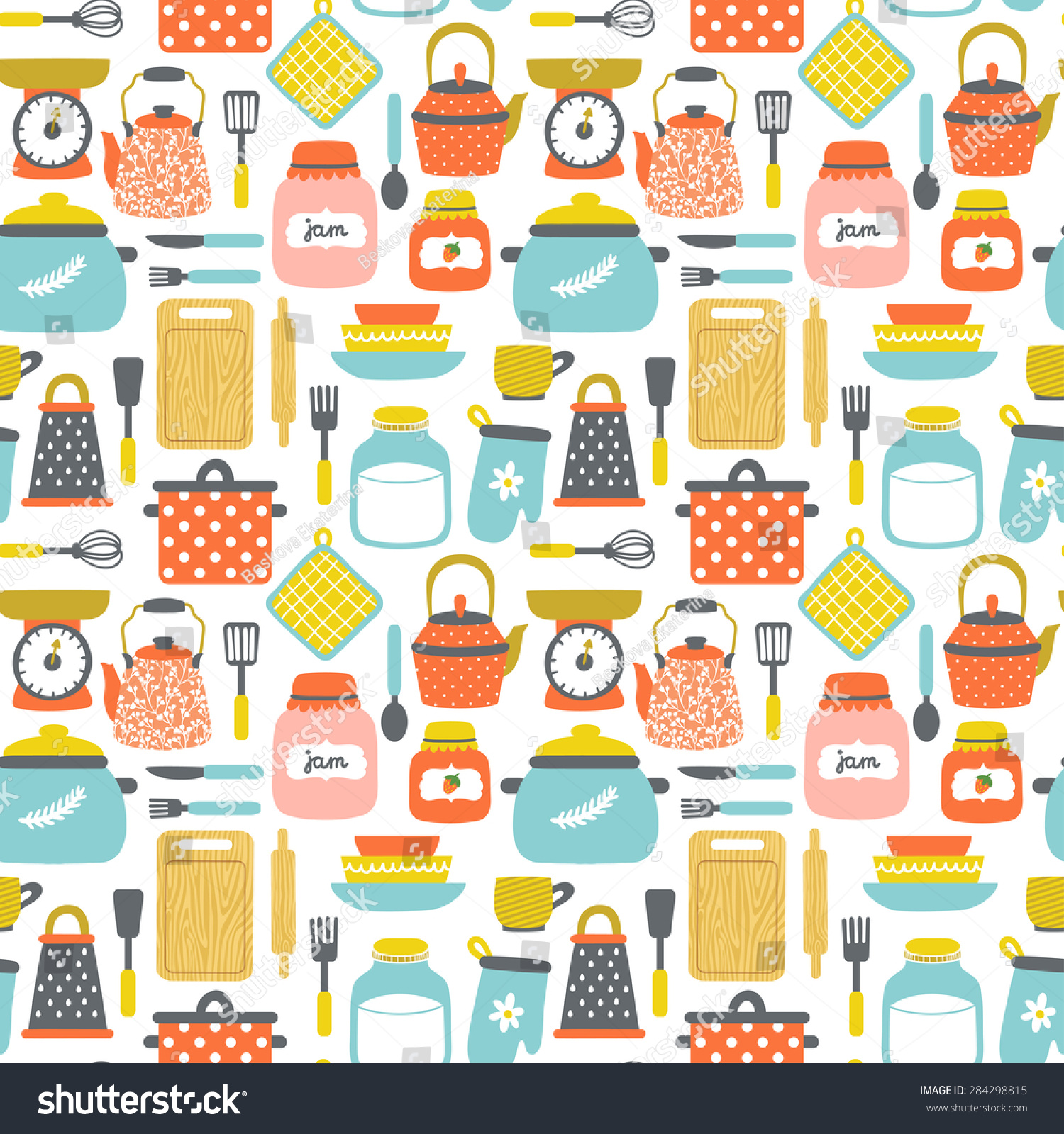 Vector seamless pattern with kitchenware: pans  jars with jam and milk  grater  dishes  cup  teapot  kettle  whisk  rolling pin  spoon  fork  knife  cutting board  spatula. Bright hand drawing texture