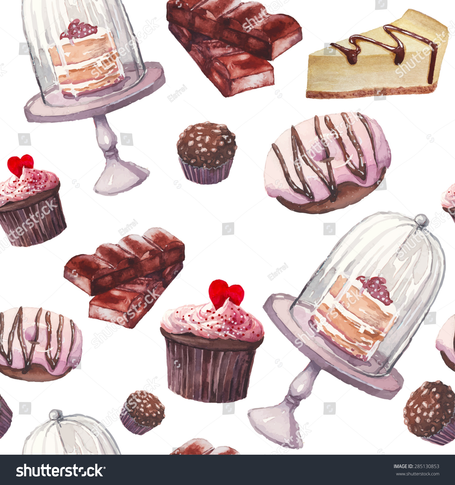 Watercolor sweets pattern. Seamless background with hand drawn food objects: cupcakes  chocolate  rustic cake  delicious donut  nuts candy  cheesecake. Vector cute wallpaper