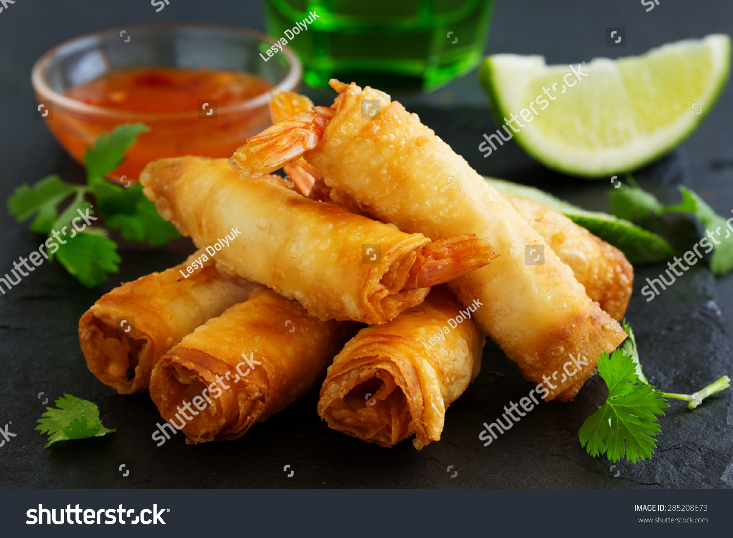 Spring rolls with shrimp with sweet chili sauce. Asian cuisine.