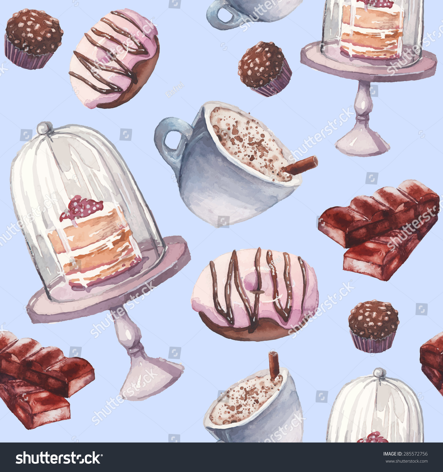 Watercolor coffee and sweets seamless pattern. Hand drawn vintage texture with chocolate  nuts candy  cup of cappuccino  rustic cake  pink donut on pastel blue background. Food vector wallpaper