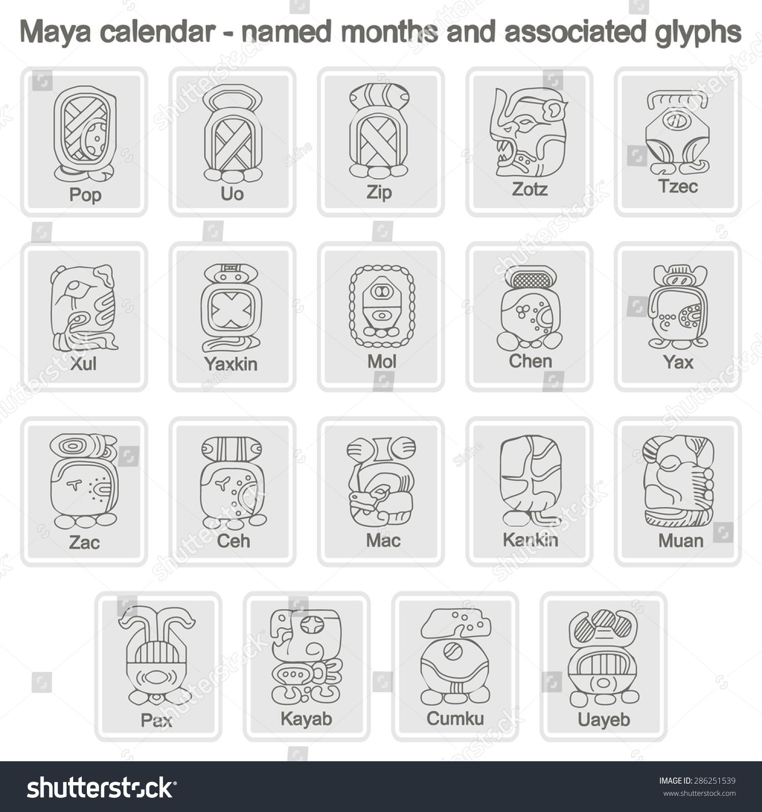Set of monochrome icons with  Maya calendar named month and associated glyphs for your design