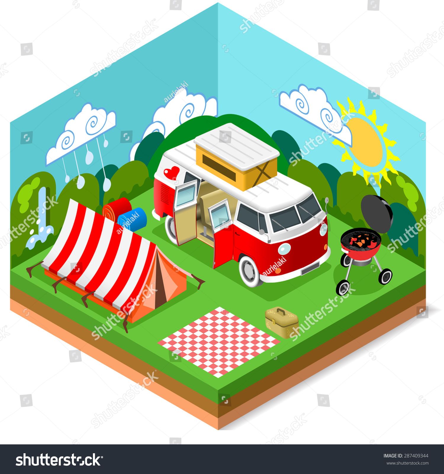Happy Summertime Holiday Camp Travel Diorama. 3d Isometric Hipster Flat Camper Caravan Vehicle Van Set. Bbq Grill Picnic Steak Vacation Equipment Tent Picnic Vector Graphic Map Miniature