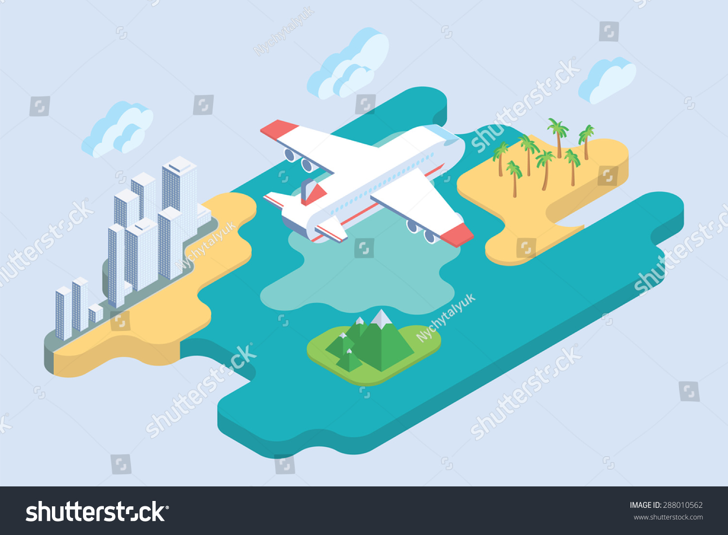 Summer Vacation. Flat Isometric Art. Airliner Travel Vector Illustration.