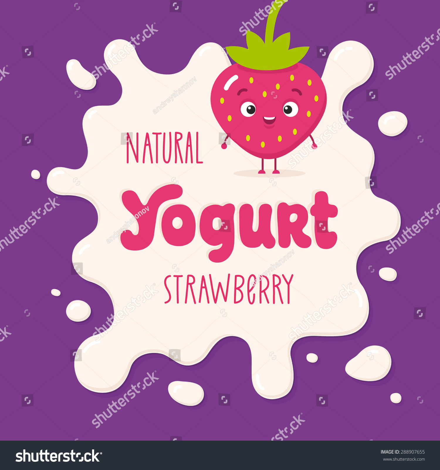 Milk blot illustration. Yogurt logo and cartoon strawberry