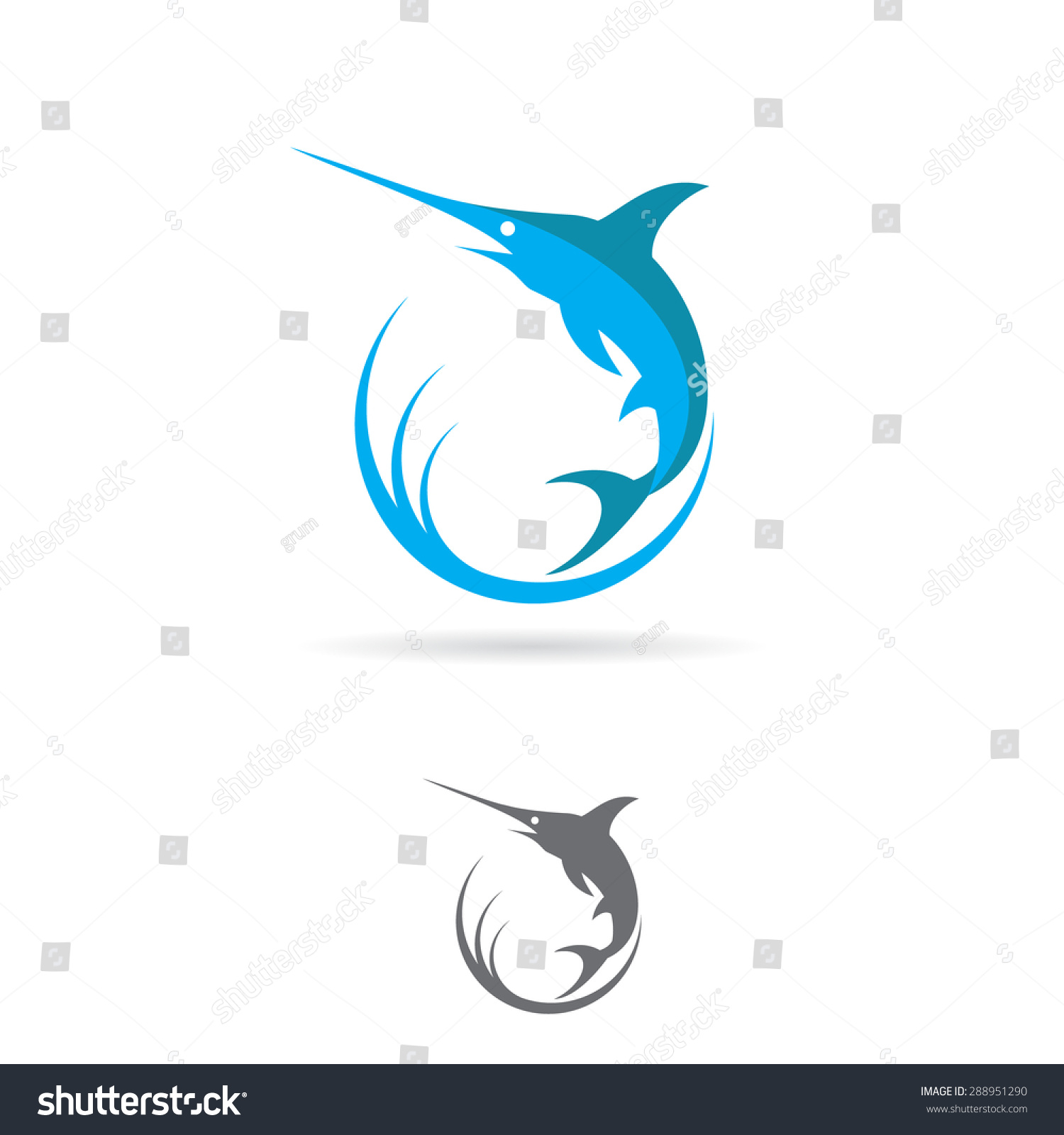 Marlin fish jumps out of the water sign. Vector illustration logo